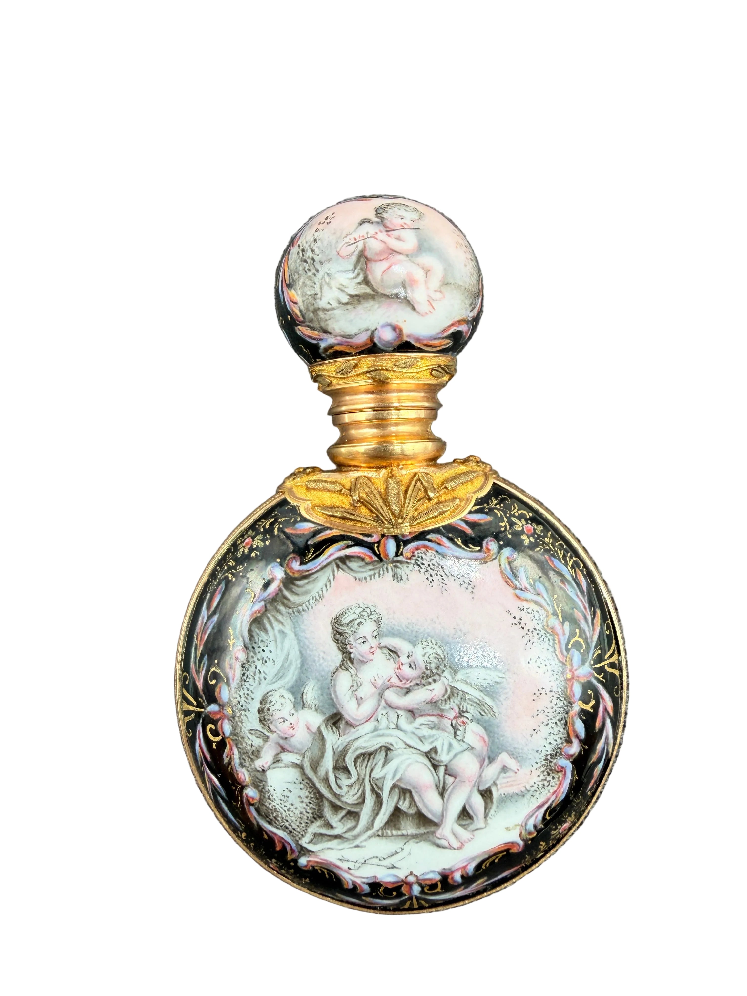 19th Century Viennese Enamel & 14K Gold Mounted Scent Bottle with Hand-Painted Rococo Angels