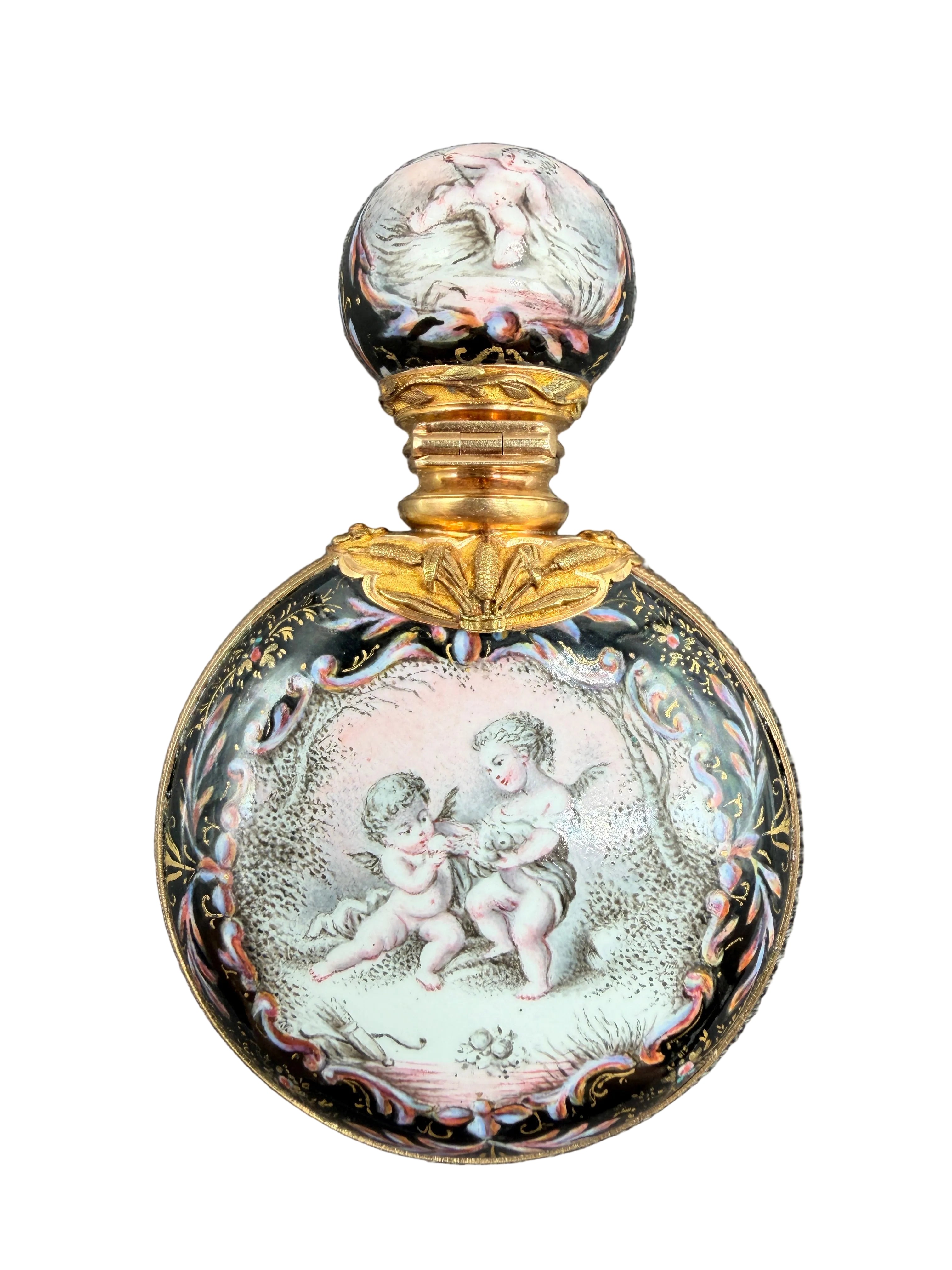 19th Century Viennese Enamel & 14K Gold Mounted Scent Bottle with Hand-Painted Rococo Angels