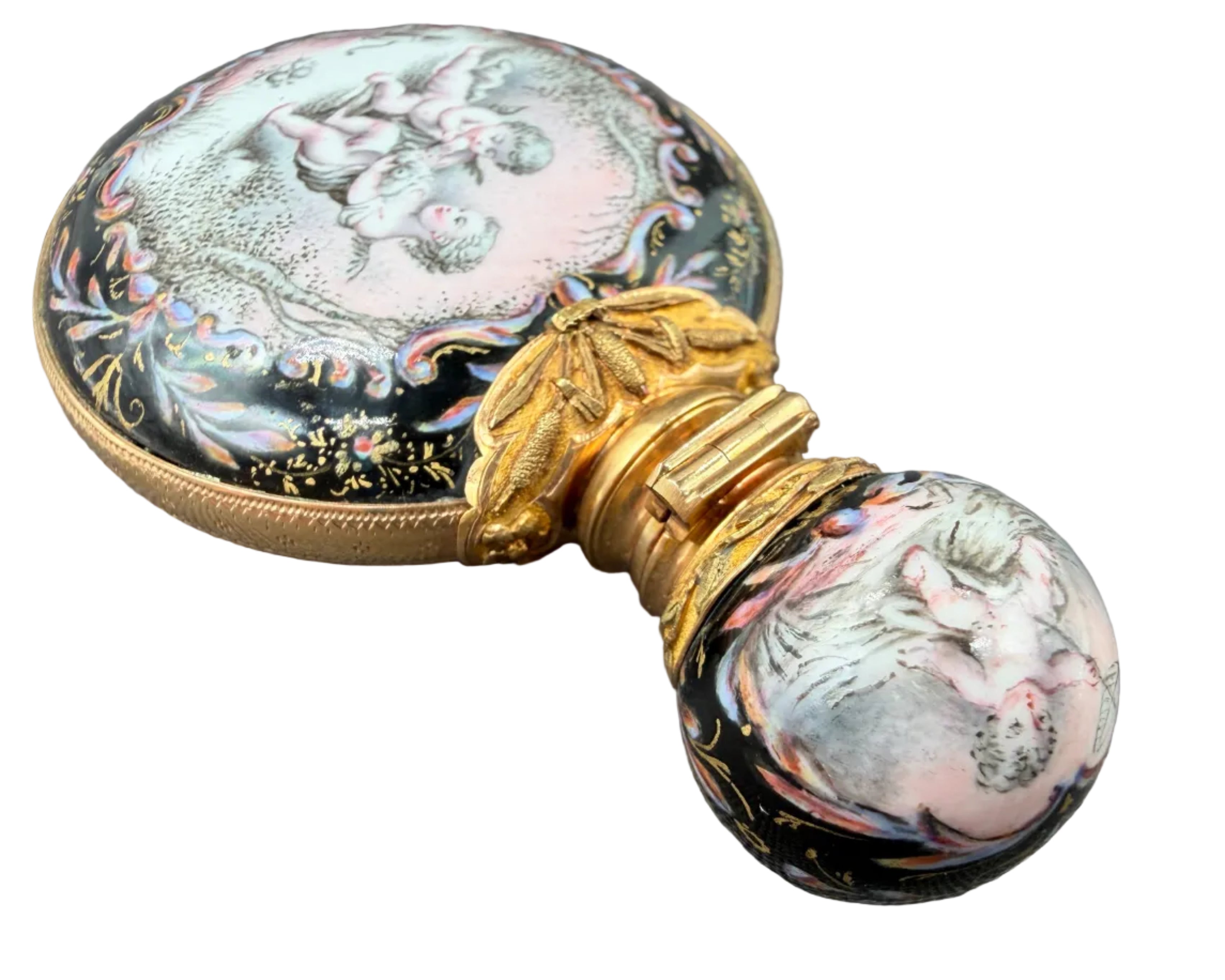 19th Century Viennese Enamel & 14K Gold Mounted Scent Bottle with Hand-Painted Rococo Angels