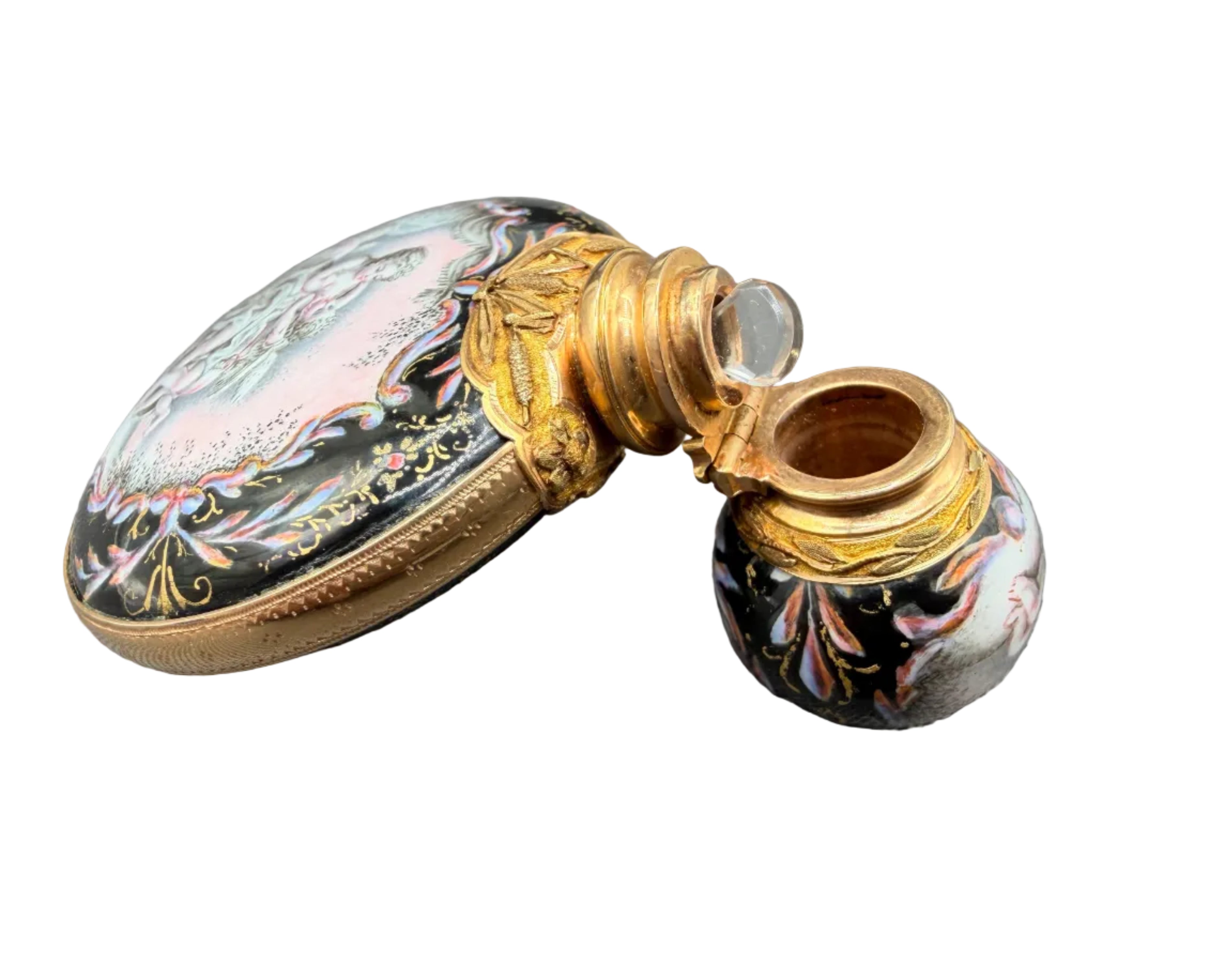 19th Century Viennese Enamel & 14K Gold Mounted Scent Bottle with Hand-Painted Rococo Angels