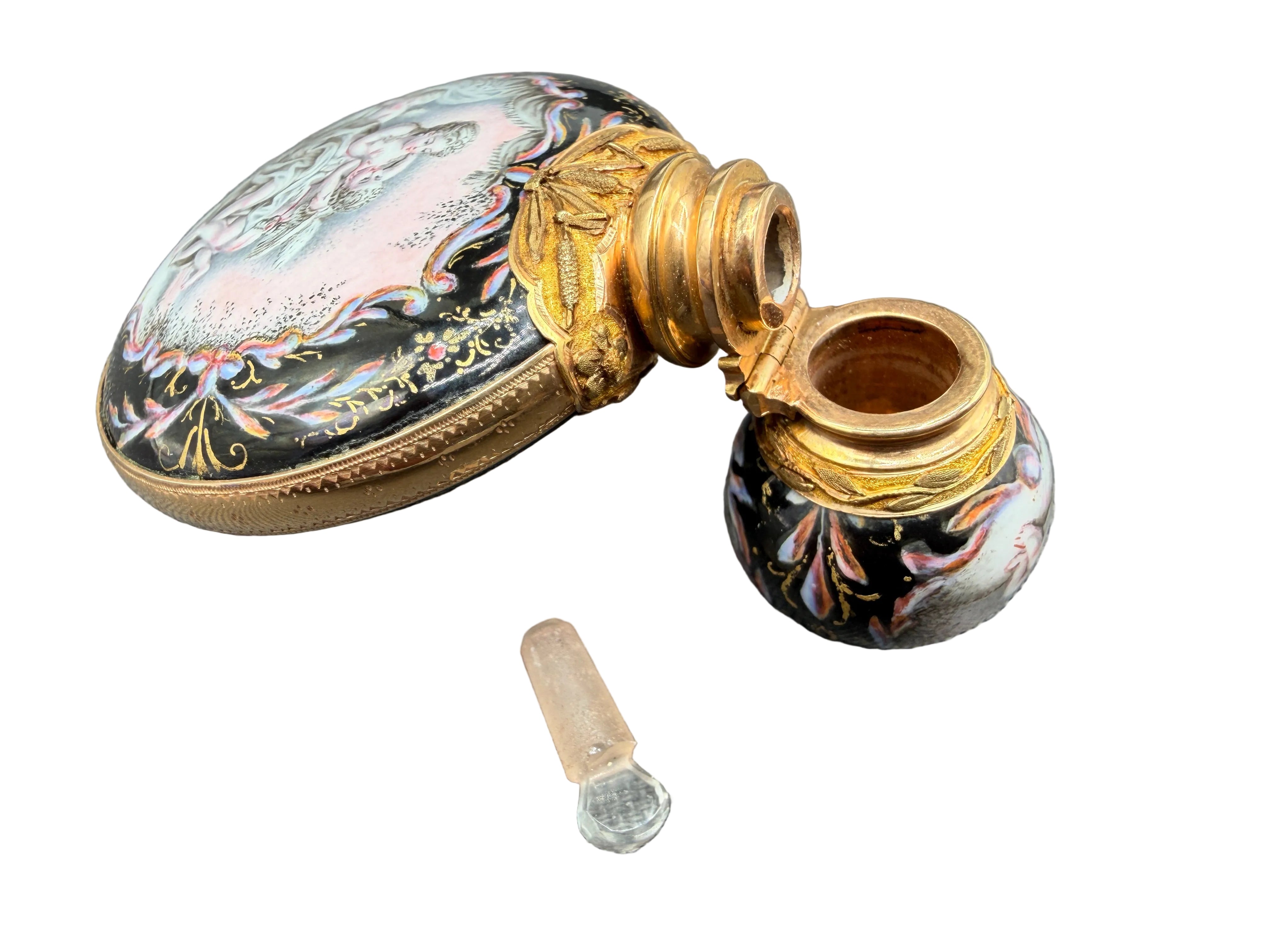 19th Century Viennese Enamel & 14K Gold Mounted Scent Bottle with Hand-Painted Rococo Angels