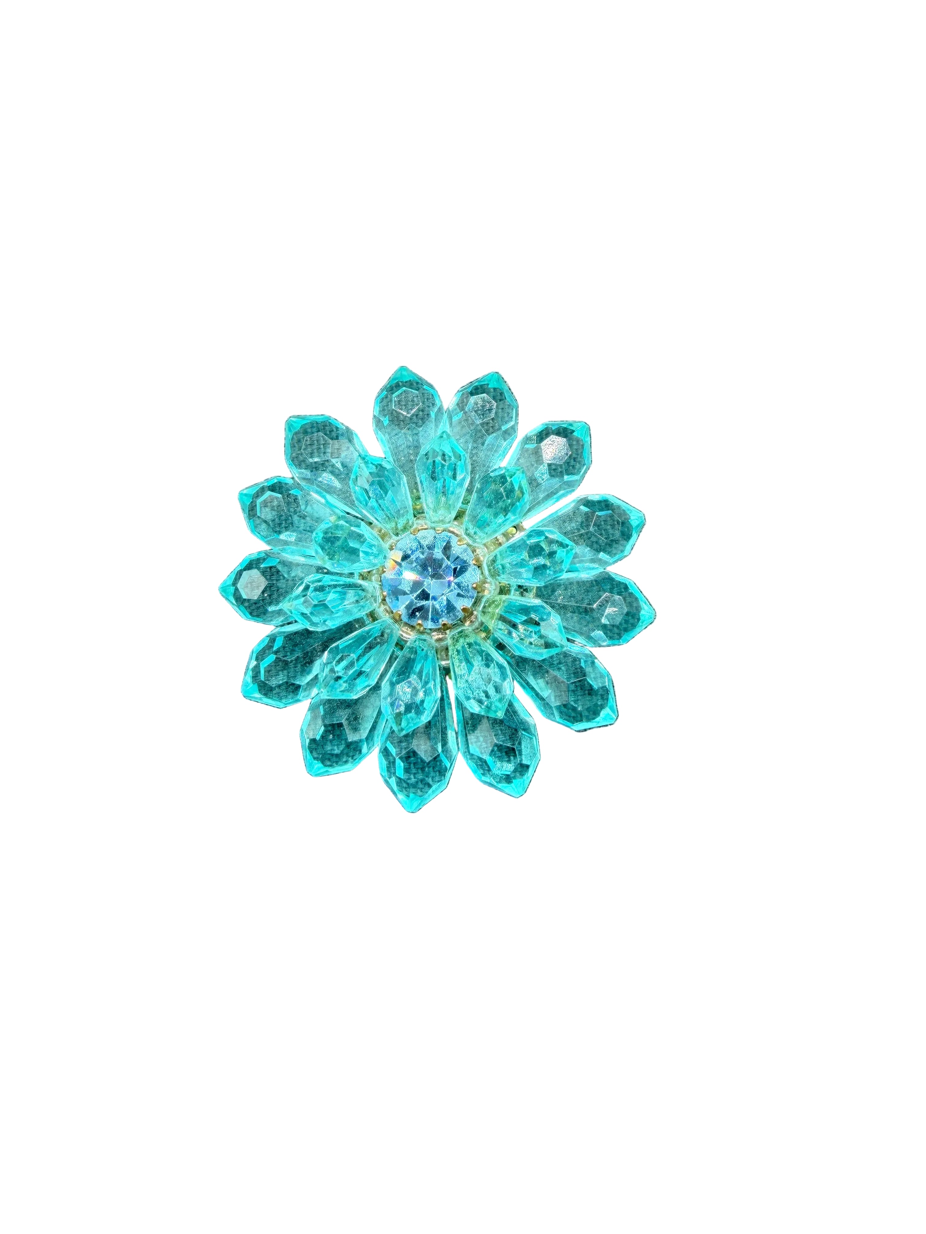 1940s Western Germany Acrylic 3D Flower Brooch with Prong-Set Aqua Rhinestone Center