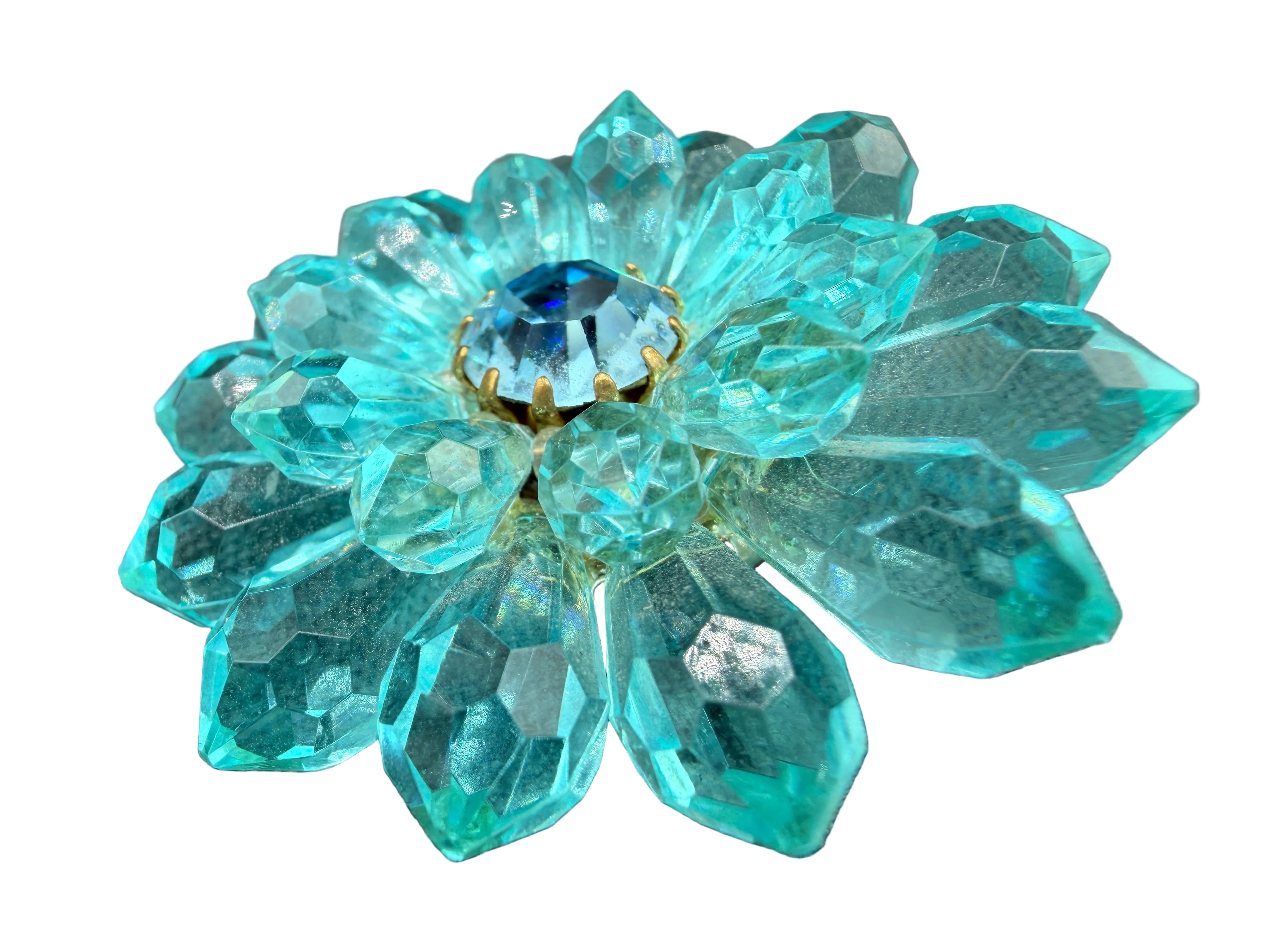 1940s Western Germany Acrylic 3D Flower Brooch with Prong-Set Aqua Rhinestone Center