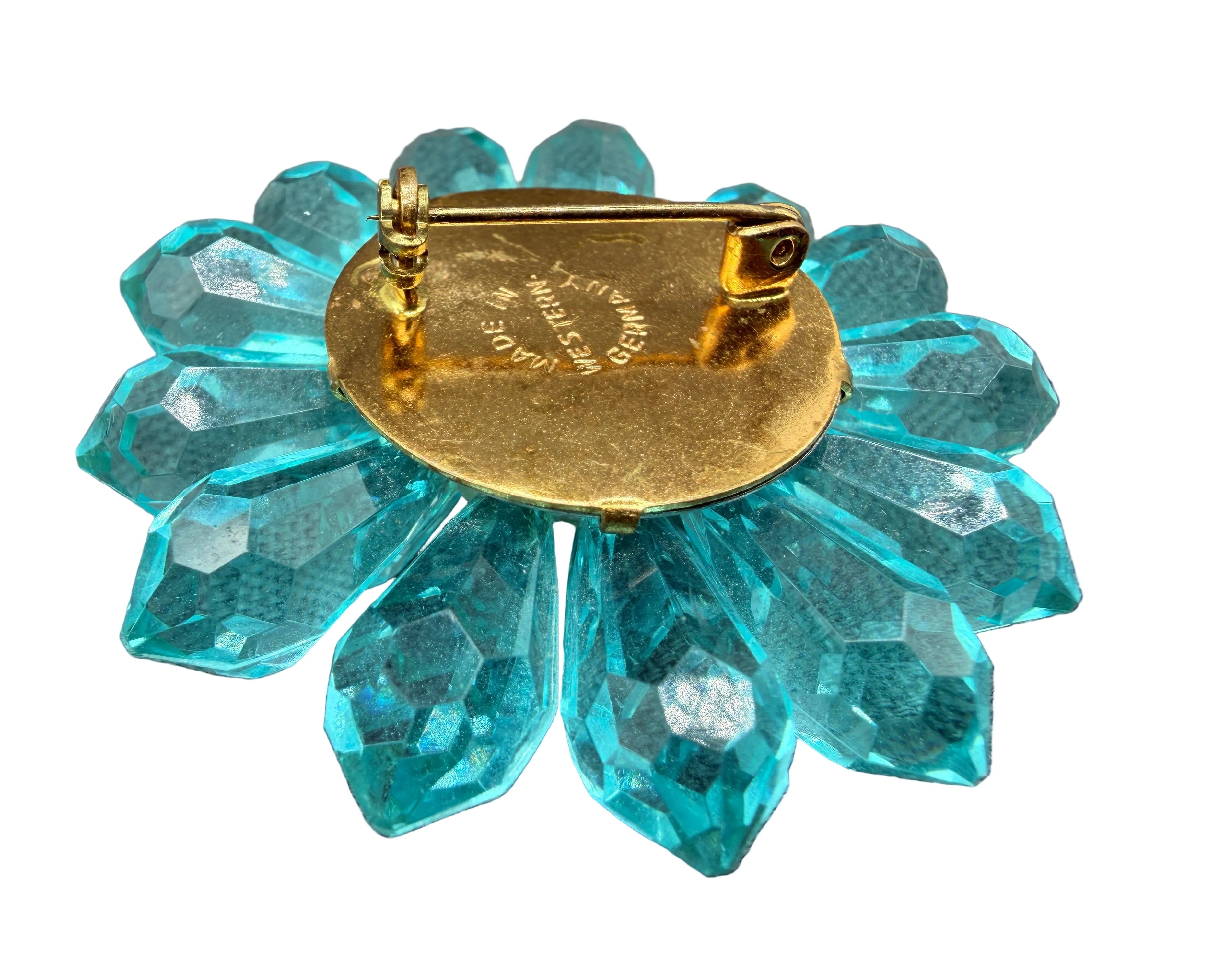 1940s Western Germany Acrylic 3D Flower Brooch with Prong-Set Aqua Rhinestone Center