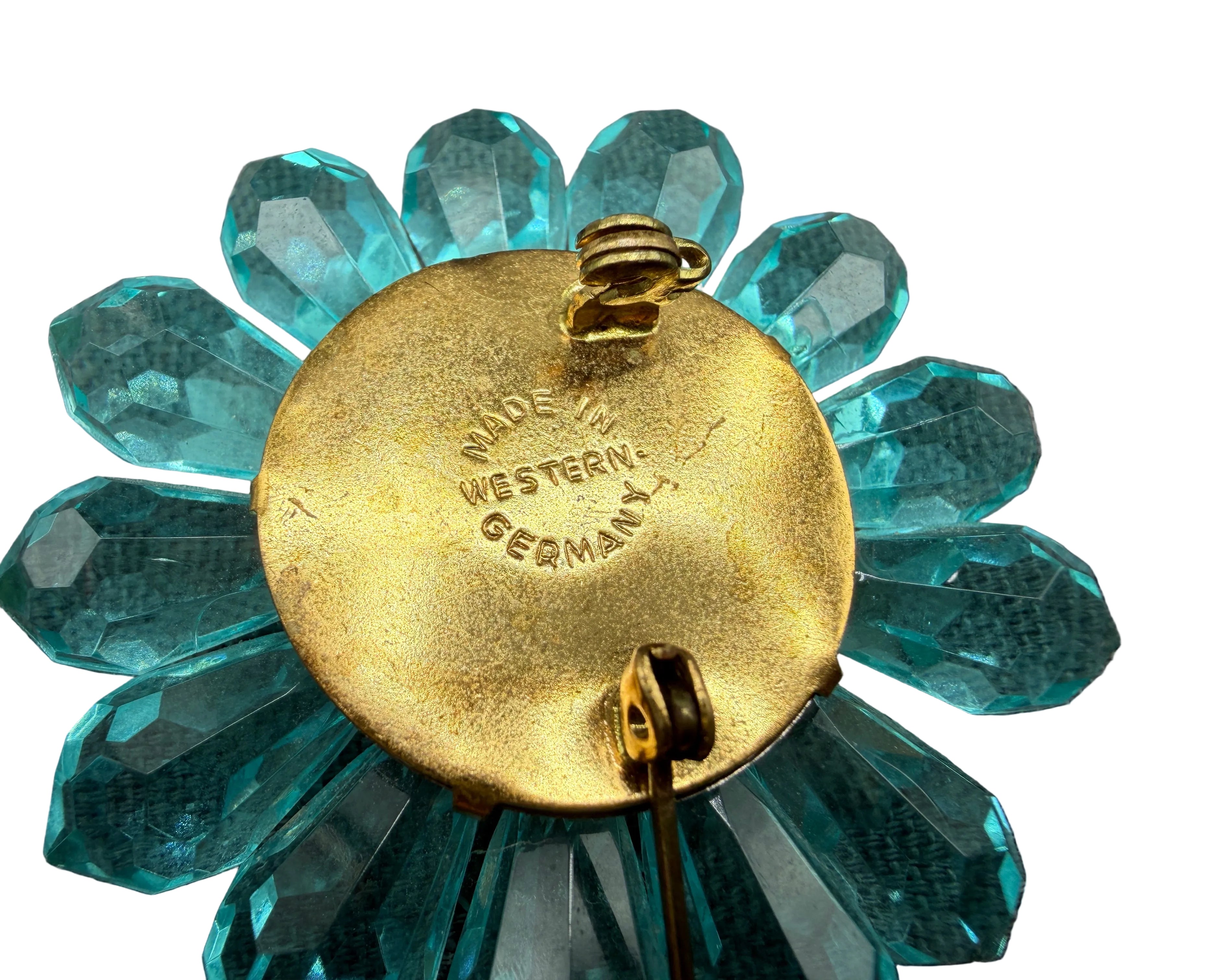 1940s Western Germany Acrylic 3D Flower Brooch with Prong-Set Aqua Rhinestone Center