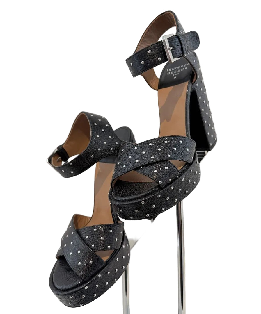 Laurence Dacade Black Leather Studded Platform Strappy Heels