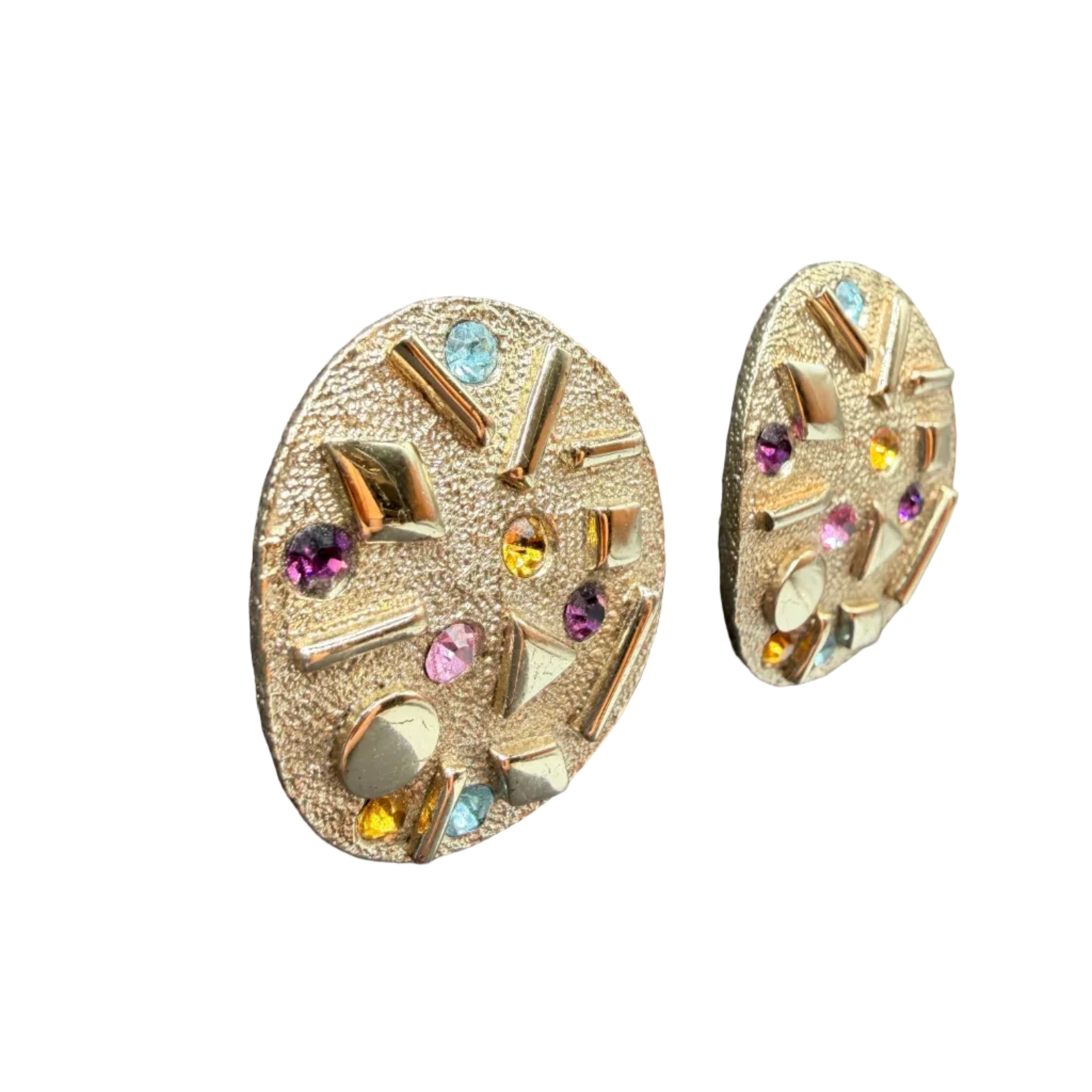 1960s Sarah Coventry Mid-Century Modern Gold-Tone Oval Clip Earrings with Multicolored Rhinestones