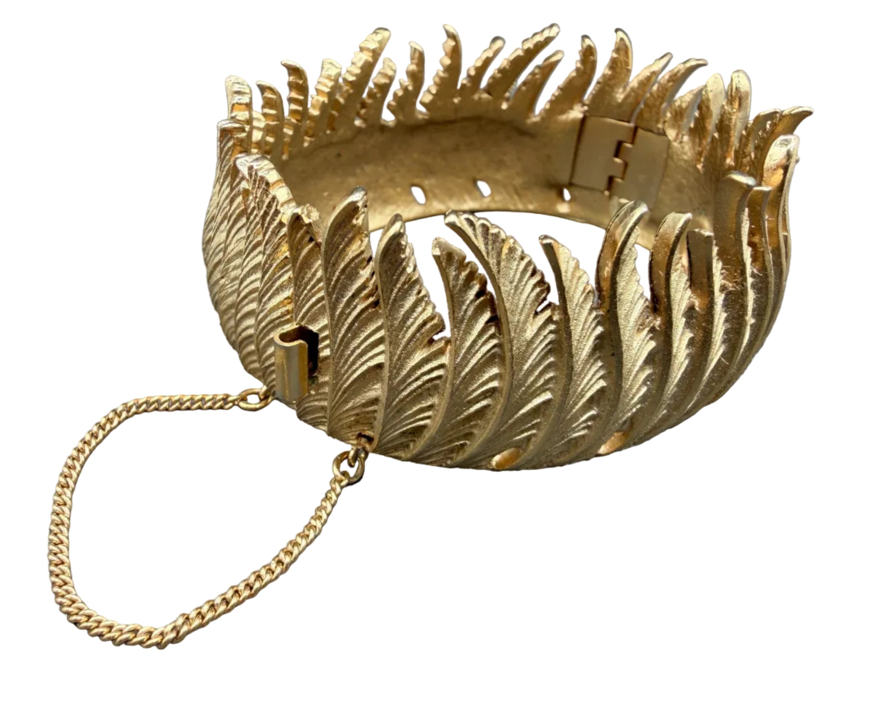 1960s Crown Trifari Gold-Tone Feather Hinged Bangle Bracelet