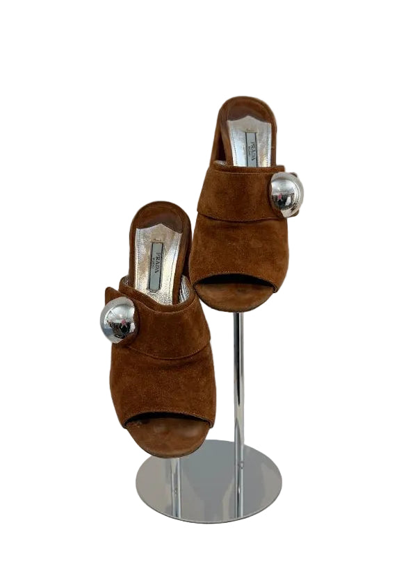 Prada Suede Peep-Toe Mule Heels with 3D Silver Ball Detail