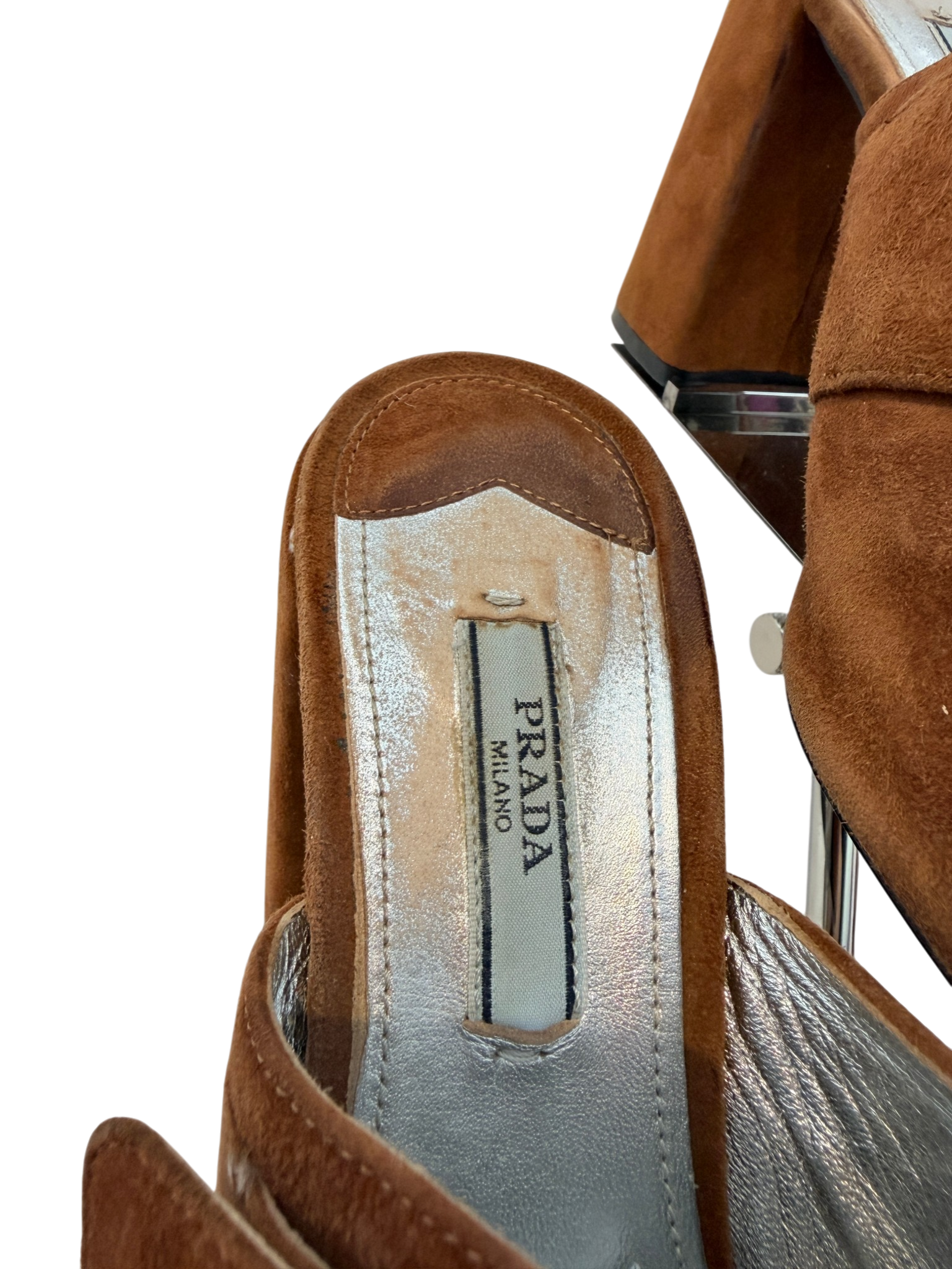 Prada Suede Peep-Toe Mule Heels with 3D Silver Ball Detail