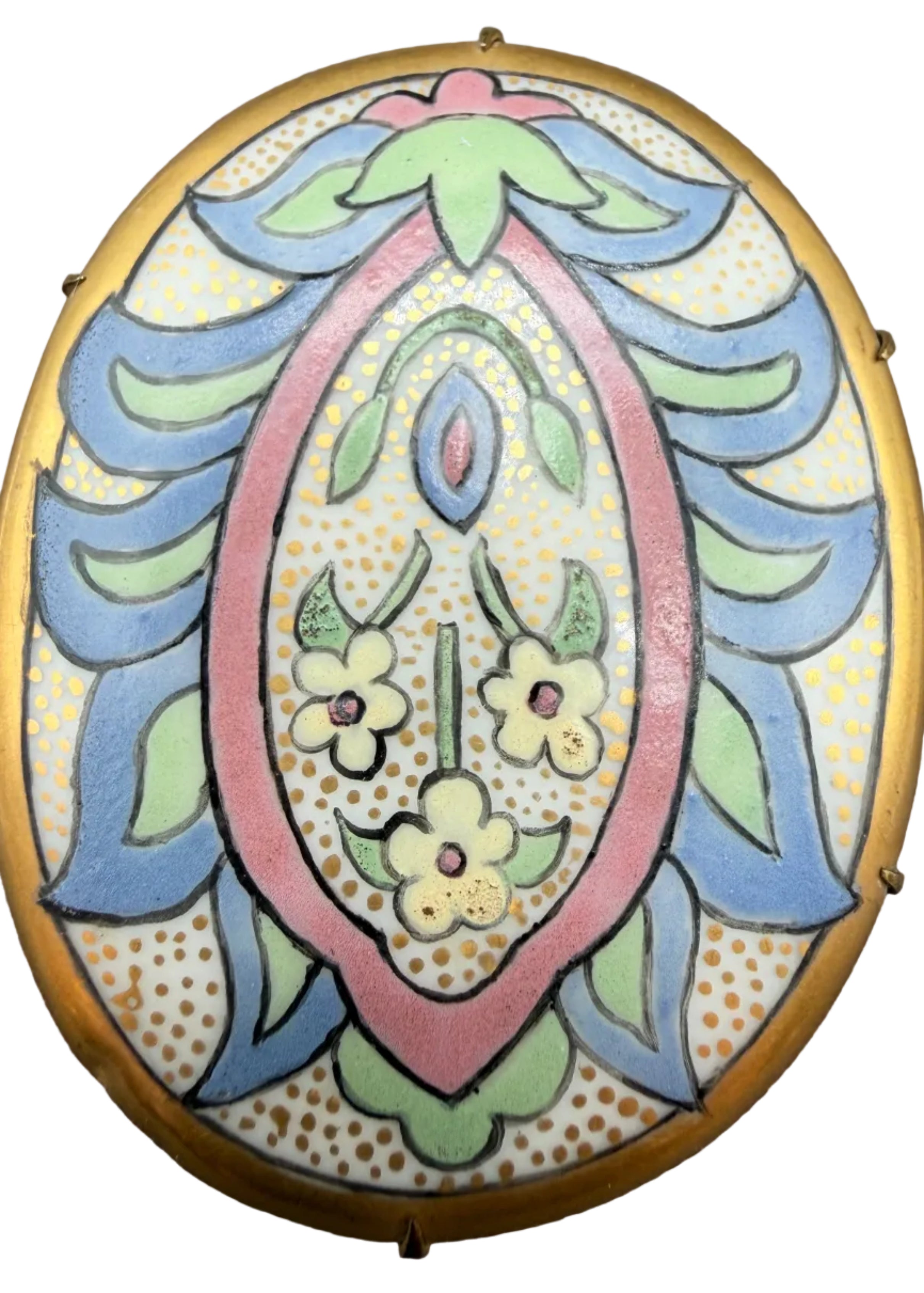 1920s Art Nouveau Hand-Painted Ceramic Floral Oval Medallion Brooch