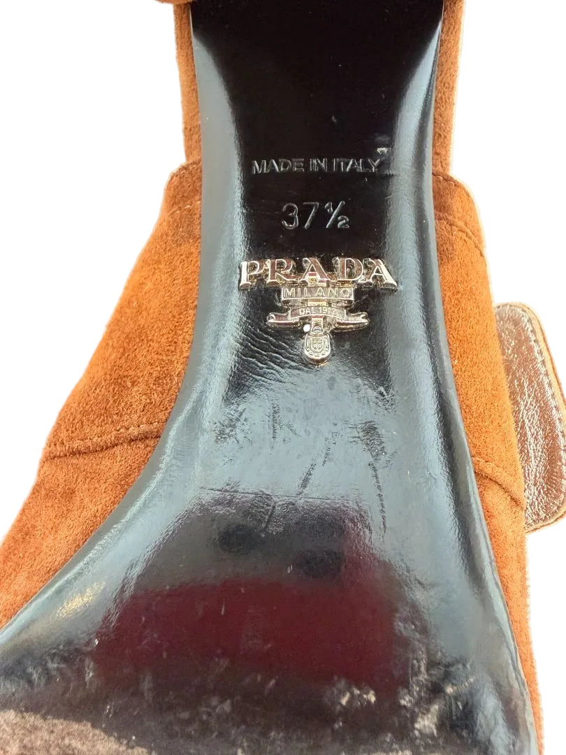 Prada Suede Peep-Toe Mule Heels with 3D Silver Ball Detail