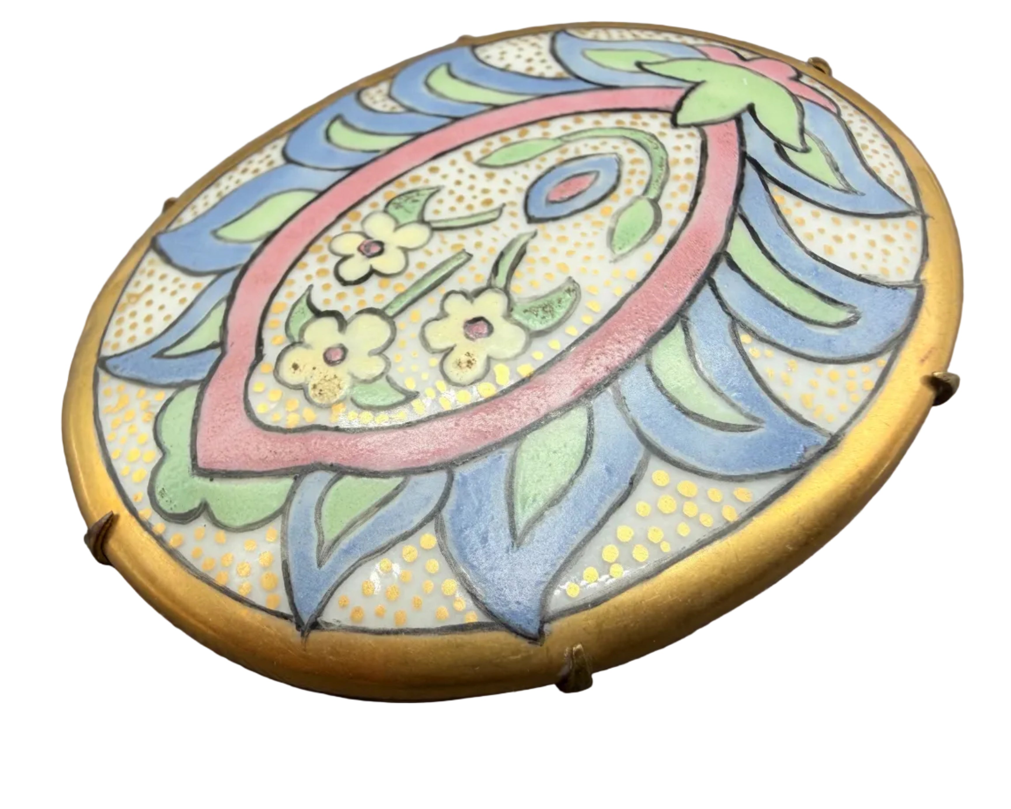 1920s Art Nouveau Hand-Painted Ceramic Floral Oval Medallion Brooch