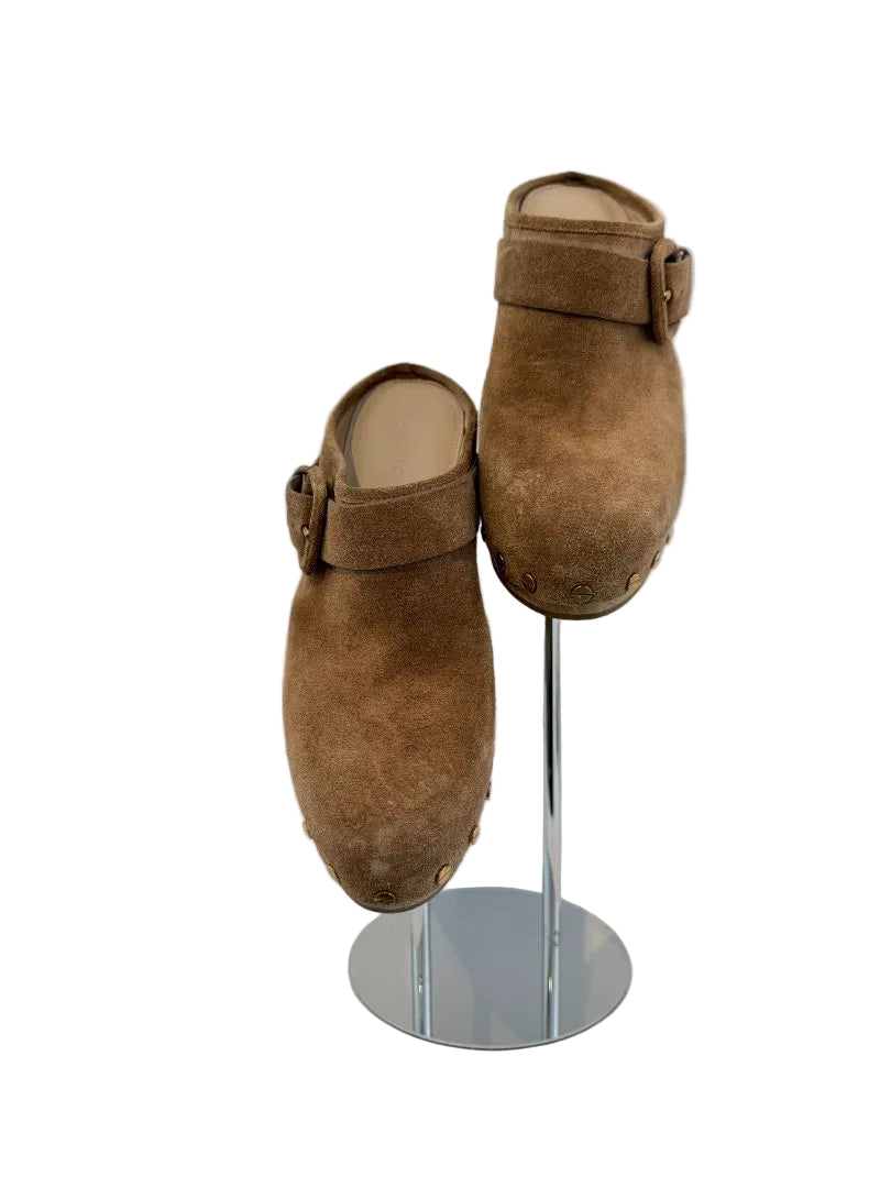 Veronica Beard “Dacey” Pecan Suede Clogs with Side Buckle