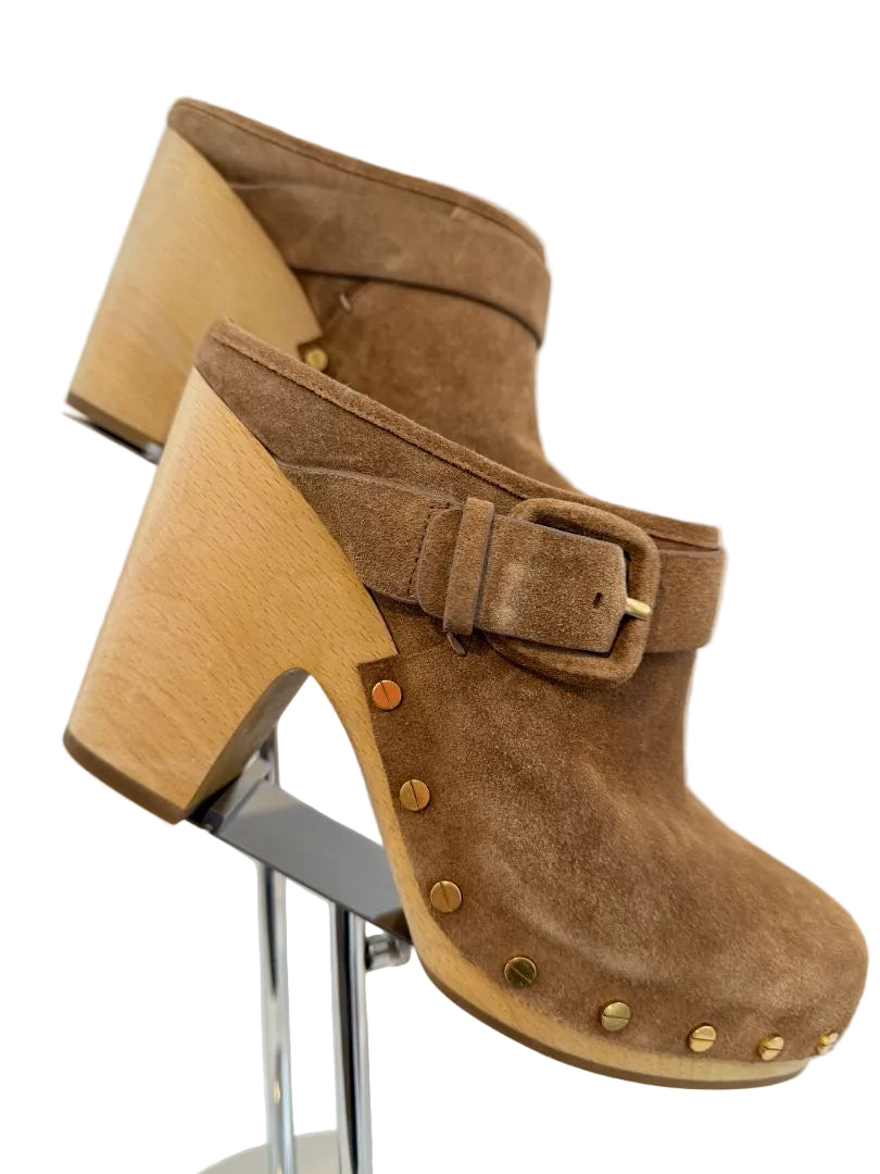 Veronica Beard “Dacey” Pecan Suede Clogs with Side Buckle