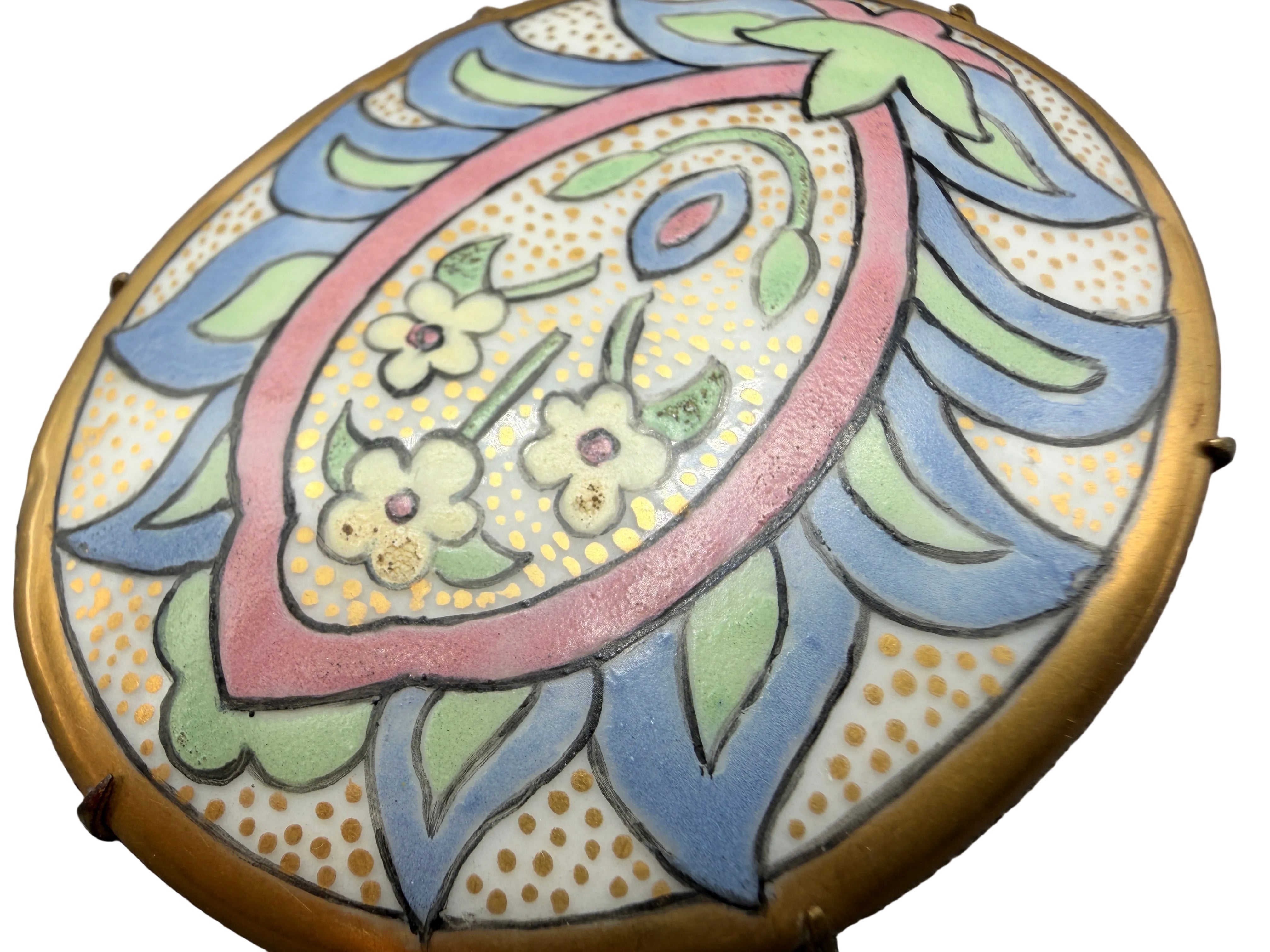 1920s Art Nouveau Hand-Painted Ceramic Floral Oval Medallion Brooch