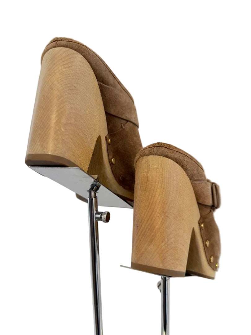Veronica Beard “Dacey” Pecan Suede Clogs with Side Buckle