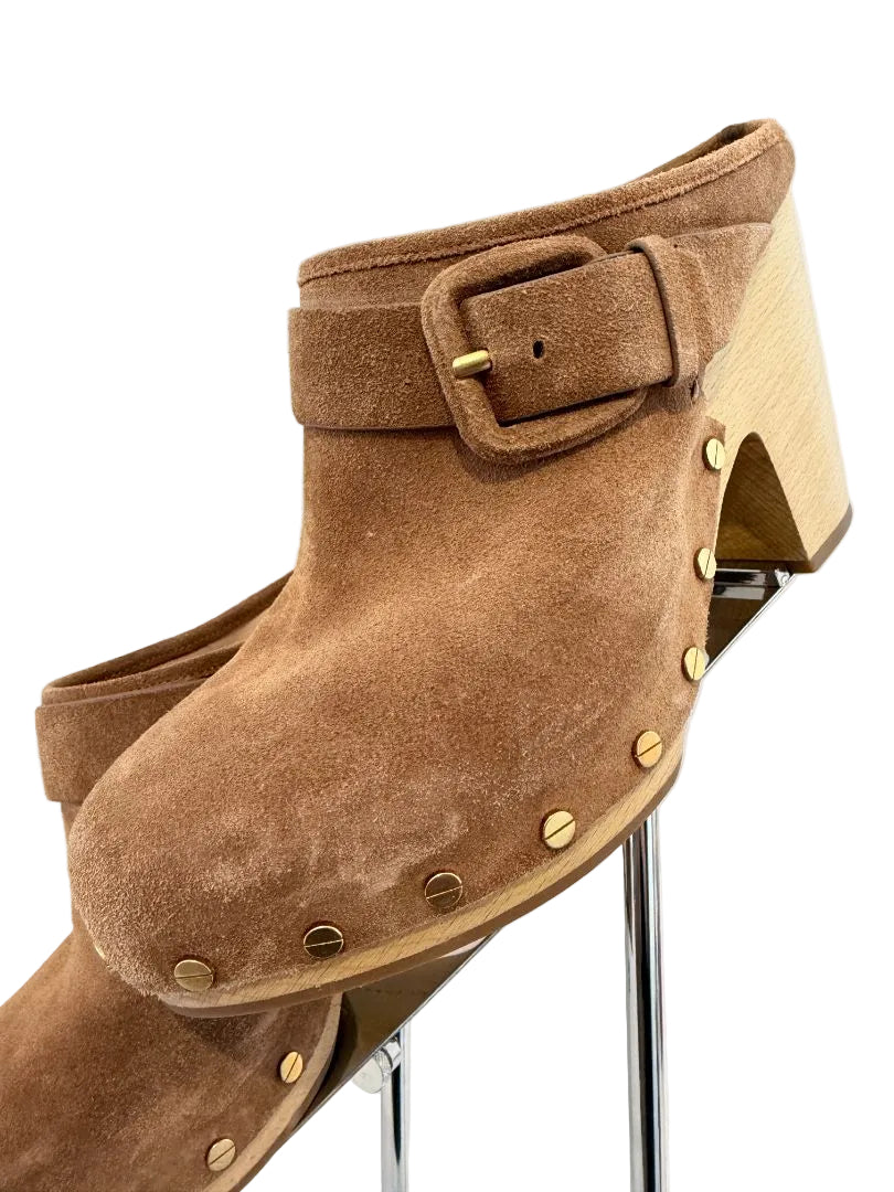 Veronica Beard “Dacey” Pecan Suede Clogs with Side Buckle