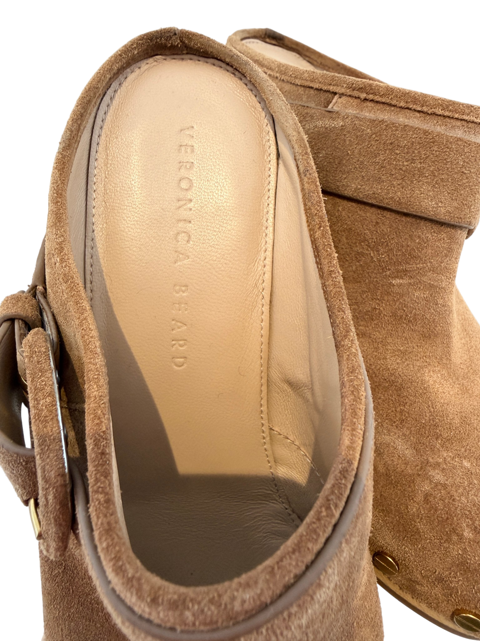 Veronica Beard “Dacey” Pecan Suede Clogs with Side Buckle