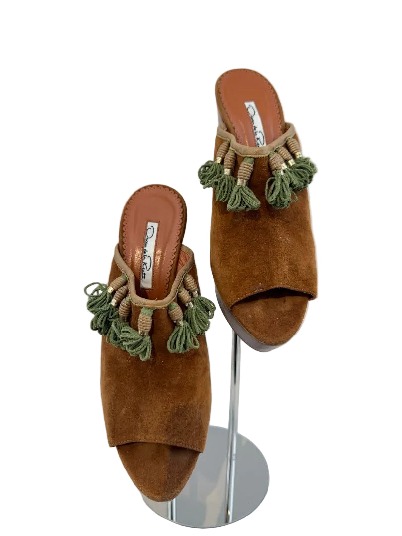Oscar de la Renta Suede Peep-Toe Wedge Clogs with Green Tassels