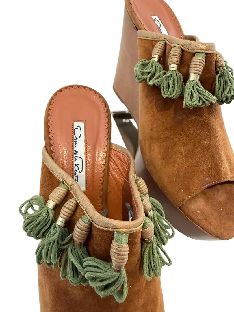 Oscar de la Renta Suede Peep-Toe Wedge Clogs with Green Tassels