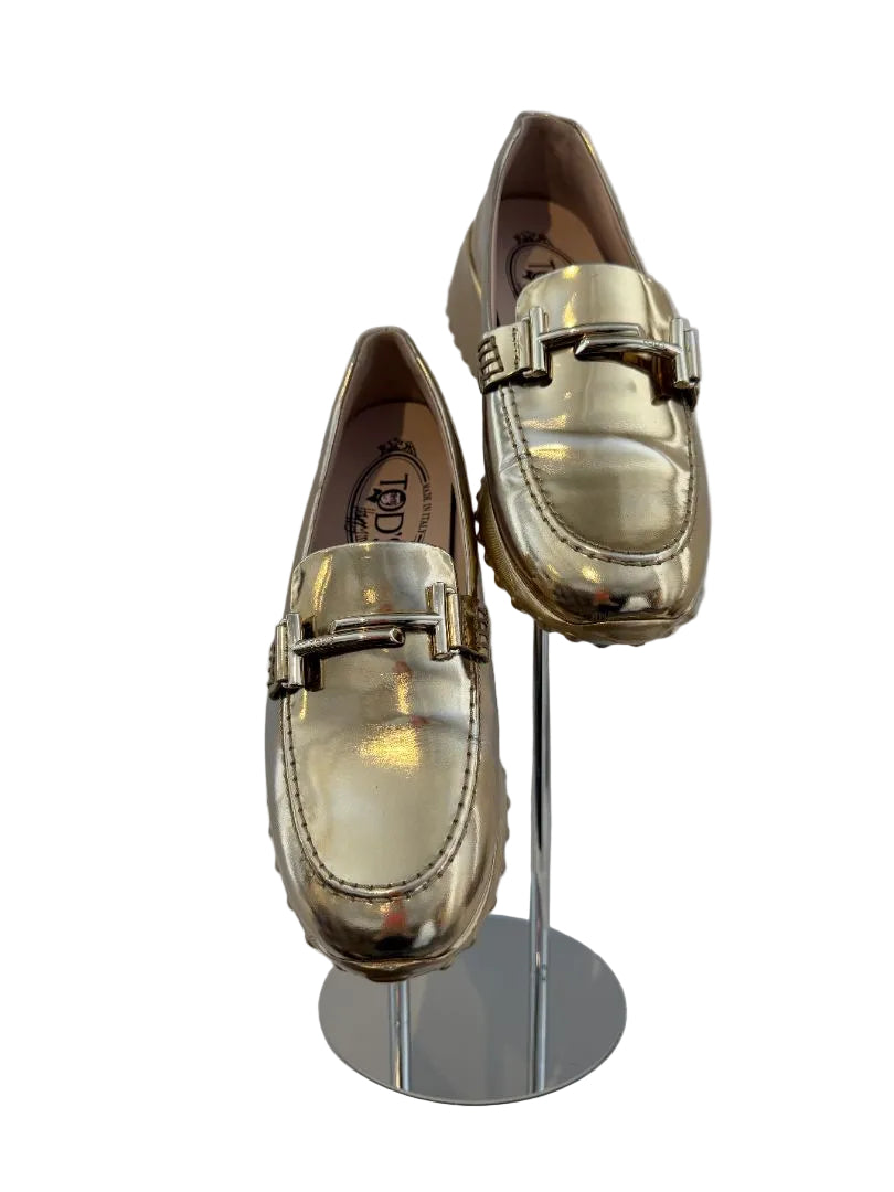Tod’s Gold Metallic Loafers with Double T Buckle