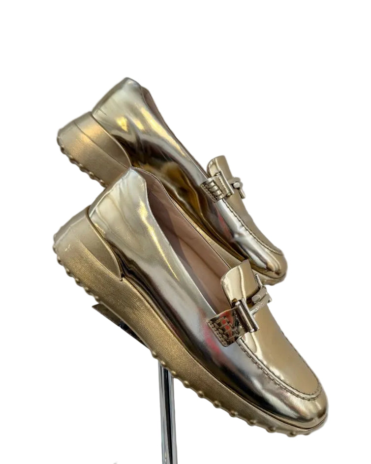 Tod’s Gold Metallic Loafers with Double T Buckle