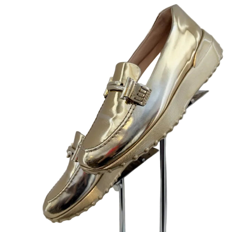 Tod’s Gold Metallic Loafers with Double T Buckle