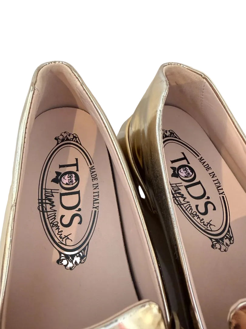 Tod’s Gold Metallic Loafers with Double T Buckle