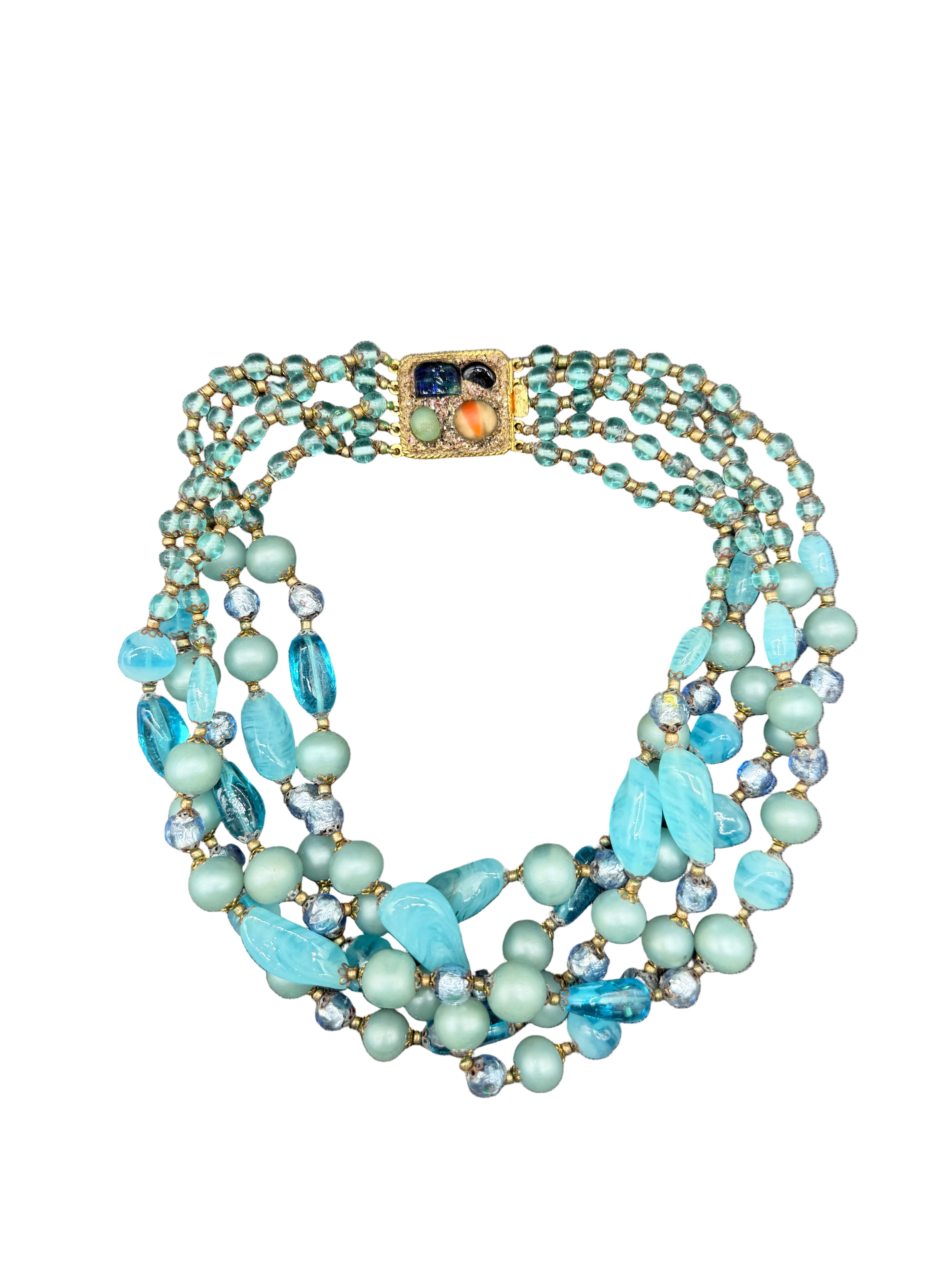 1950s Five-Strand Aqua Multi-Glass Beaded Necklace with Jeweled Box Clasp