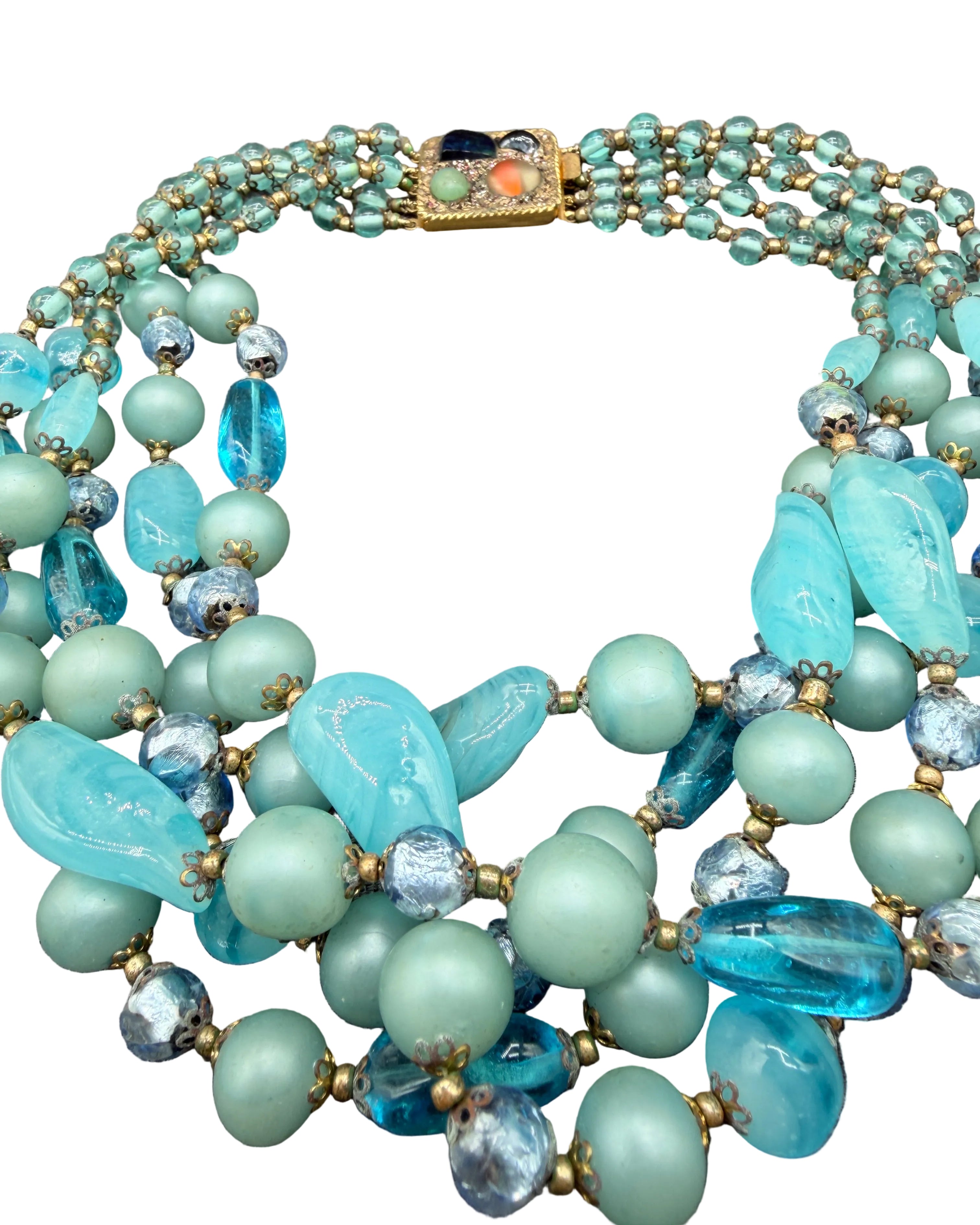 1950s Five-Strand Aqua Multi-Glass Beaded Necklace with Jeweled Box Clasp