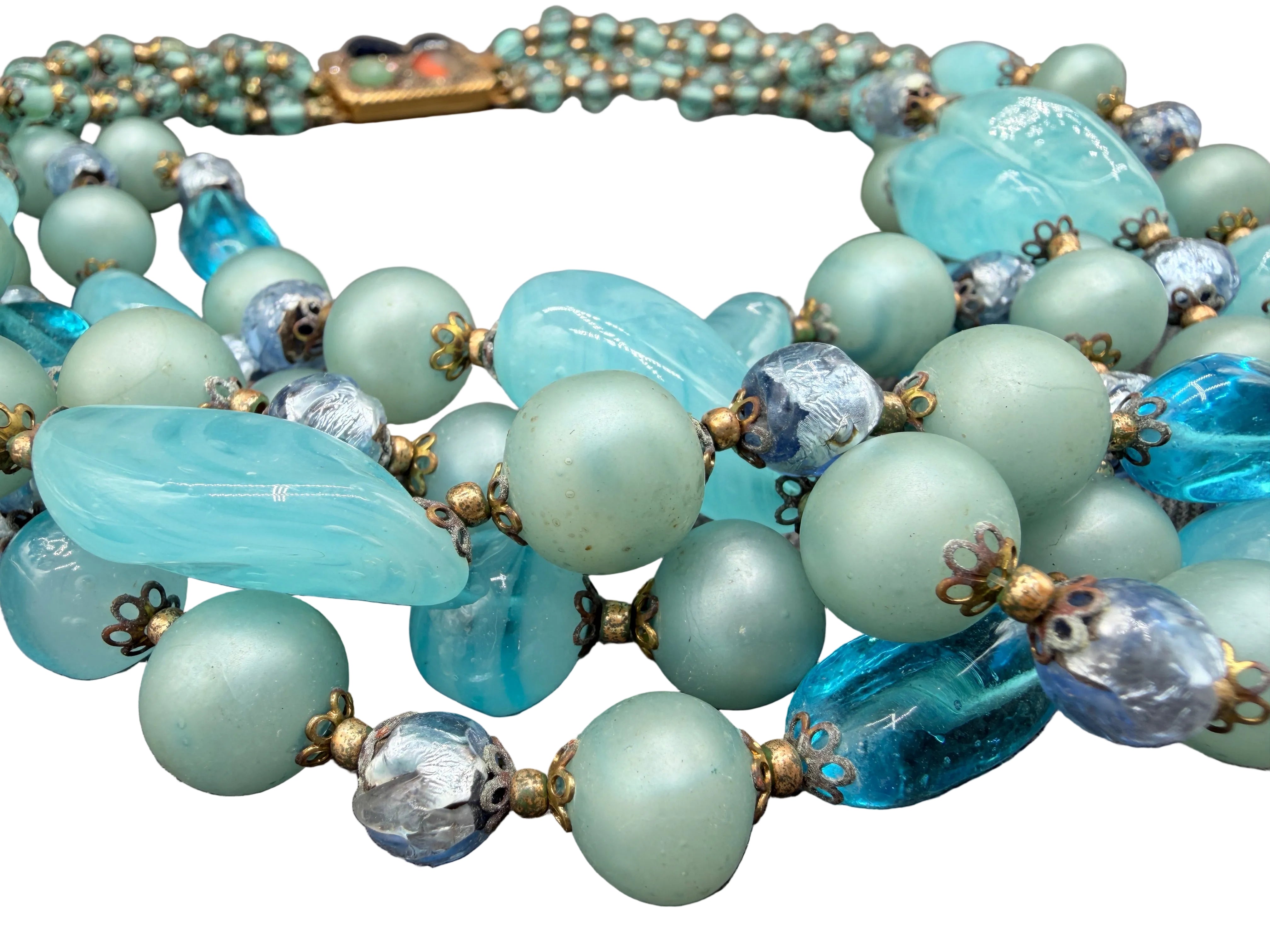 1950s Five-Strand Aqua Multi-Glass Beaded Necklace with Jeweled Box Clasp