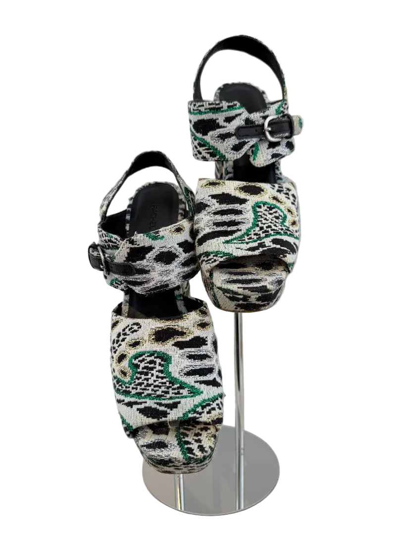 Rachel Comey Open-Toe Strappy Platform Heels in Cheetah Lamé