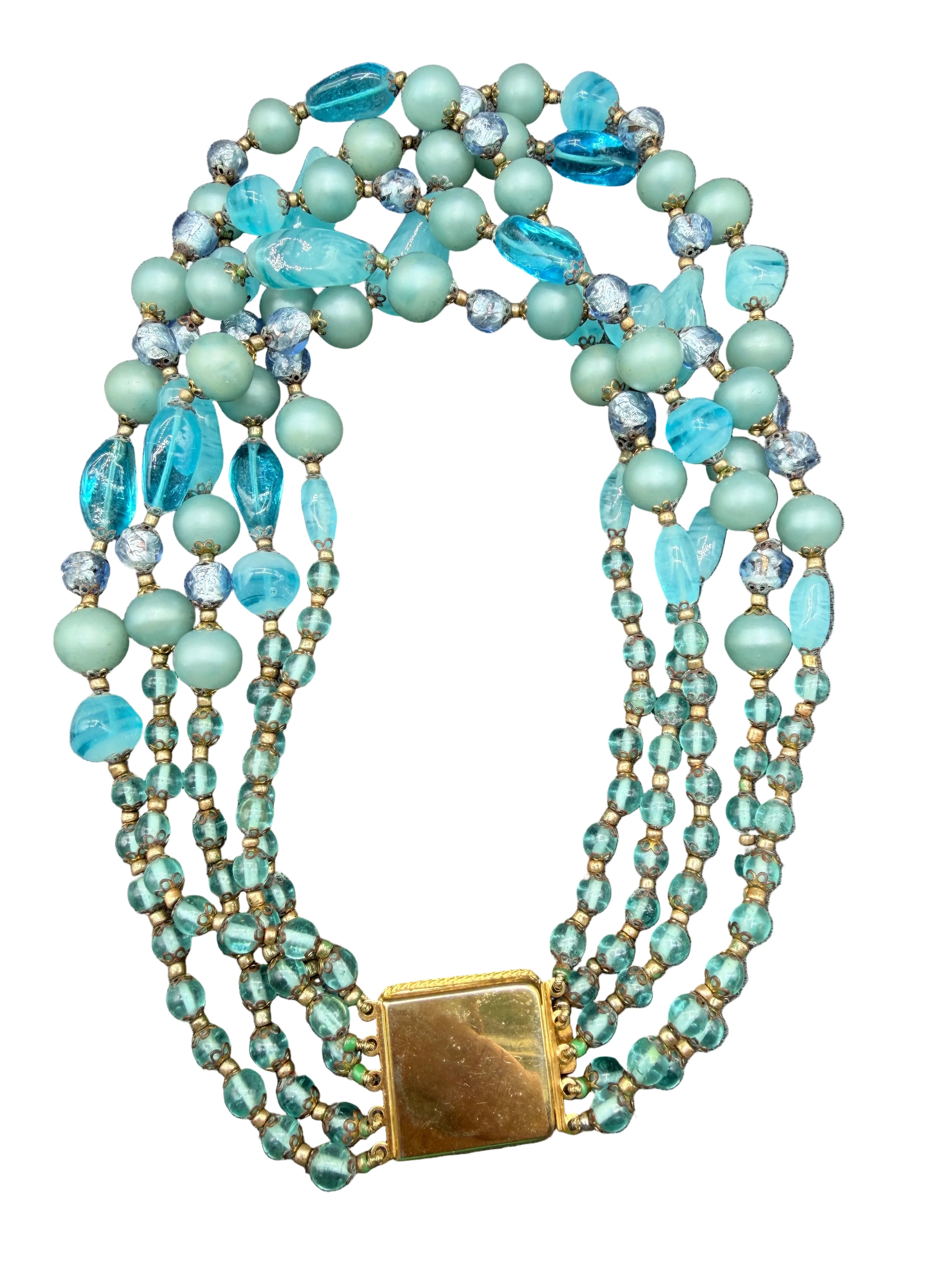1950s Five-Strand Aqua Multi-Glass Beaded Necklace with Jeweled Box Clasp