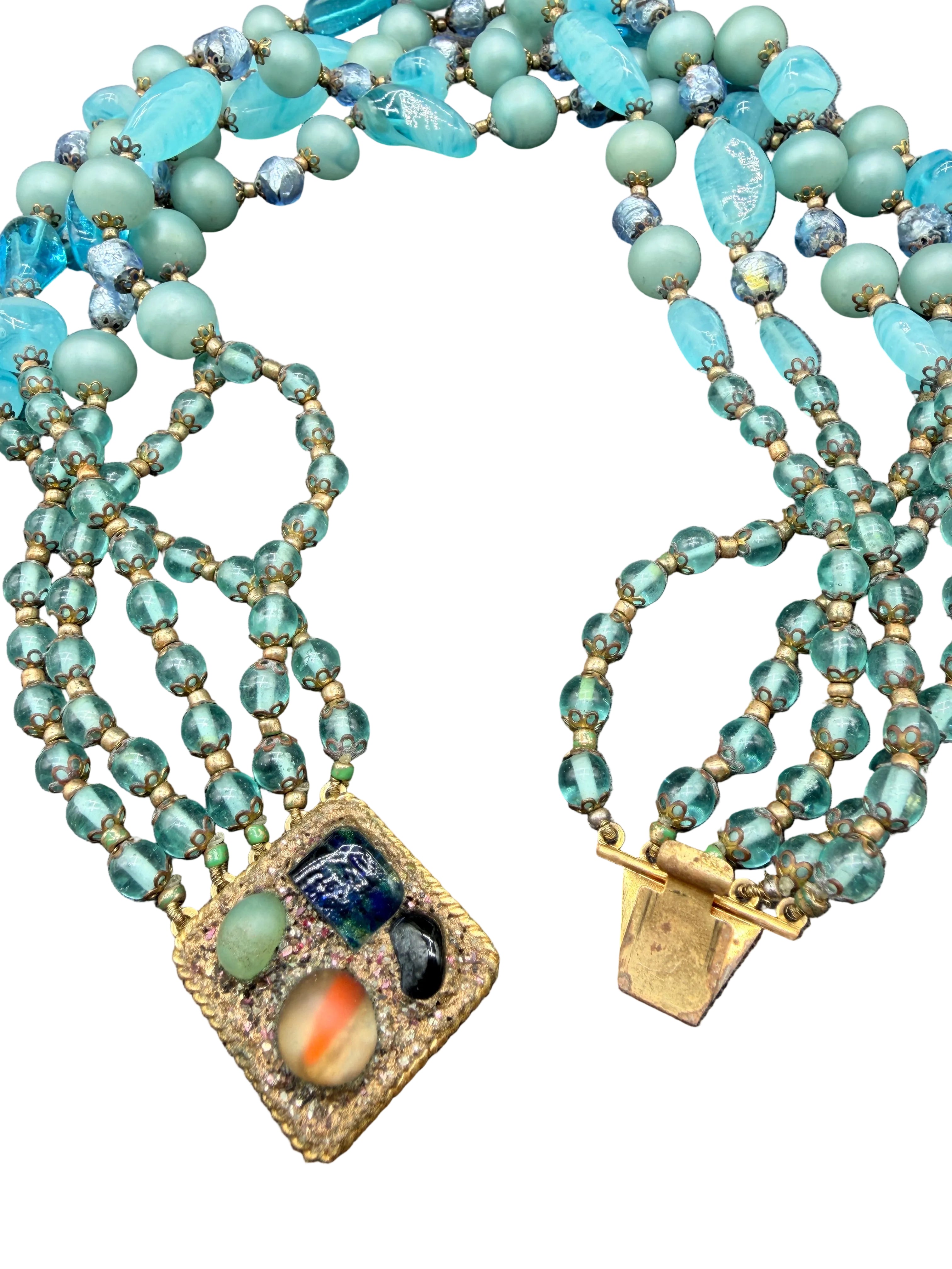 1950s Five-Strand Aqua Multi-Glass Beaded Necklace with Jeweled Box Clasp