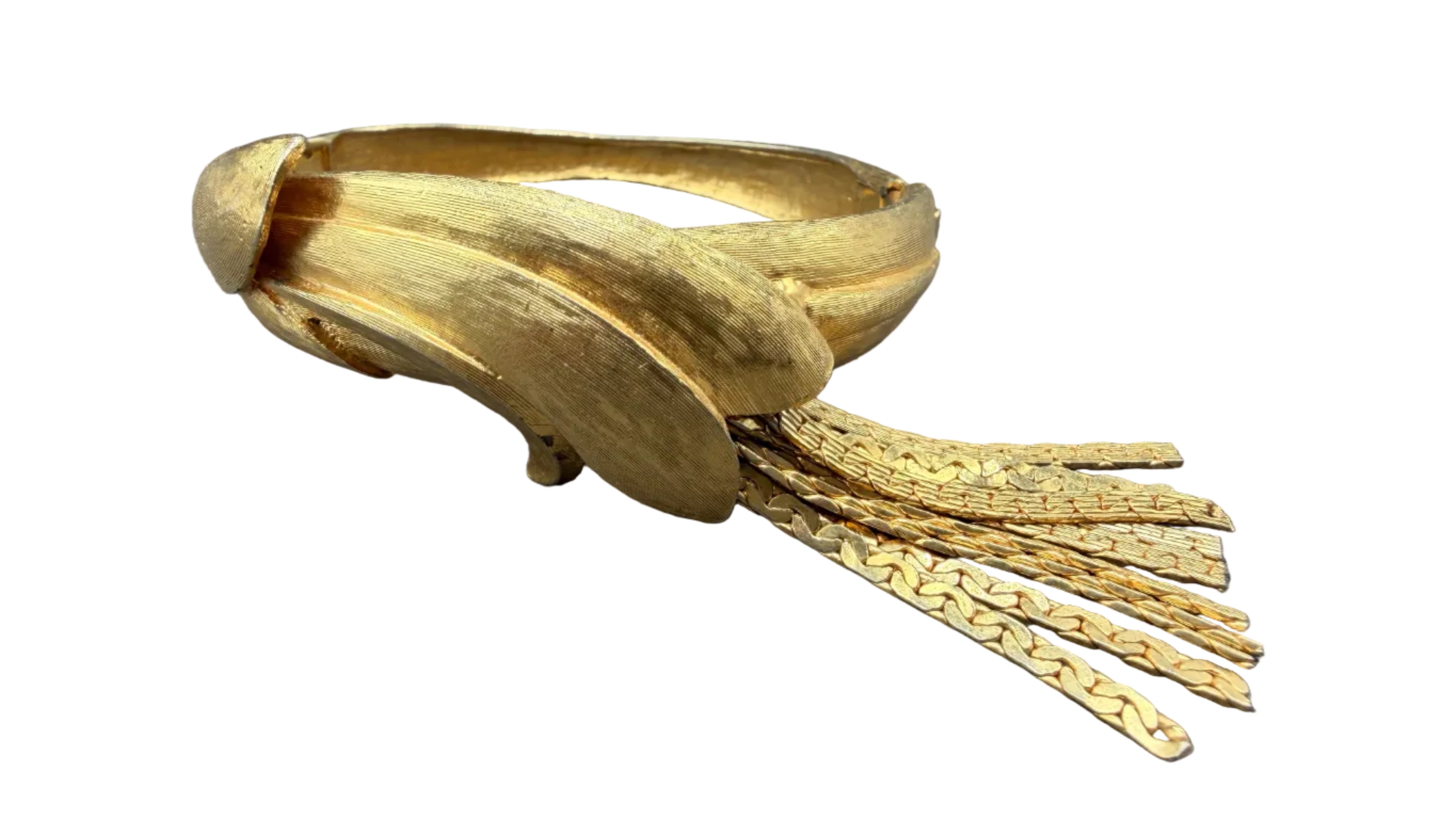 1950s Trifari Etched Hinged Leaf Bracelet with Chain Fringe