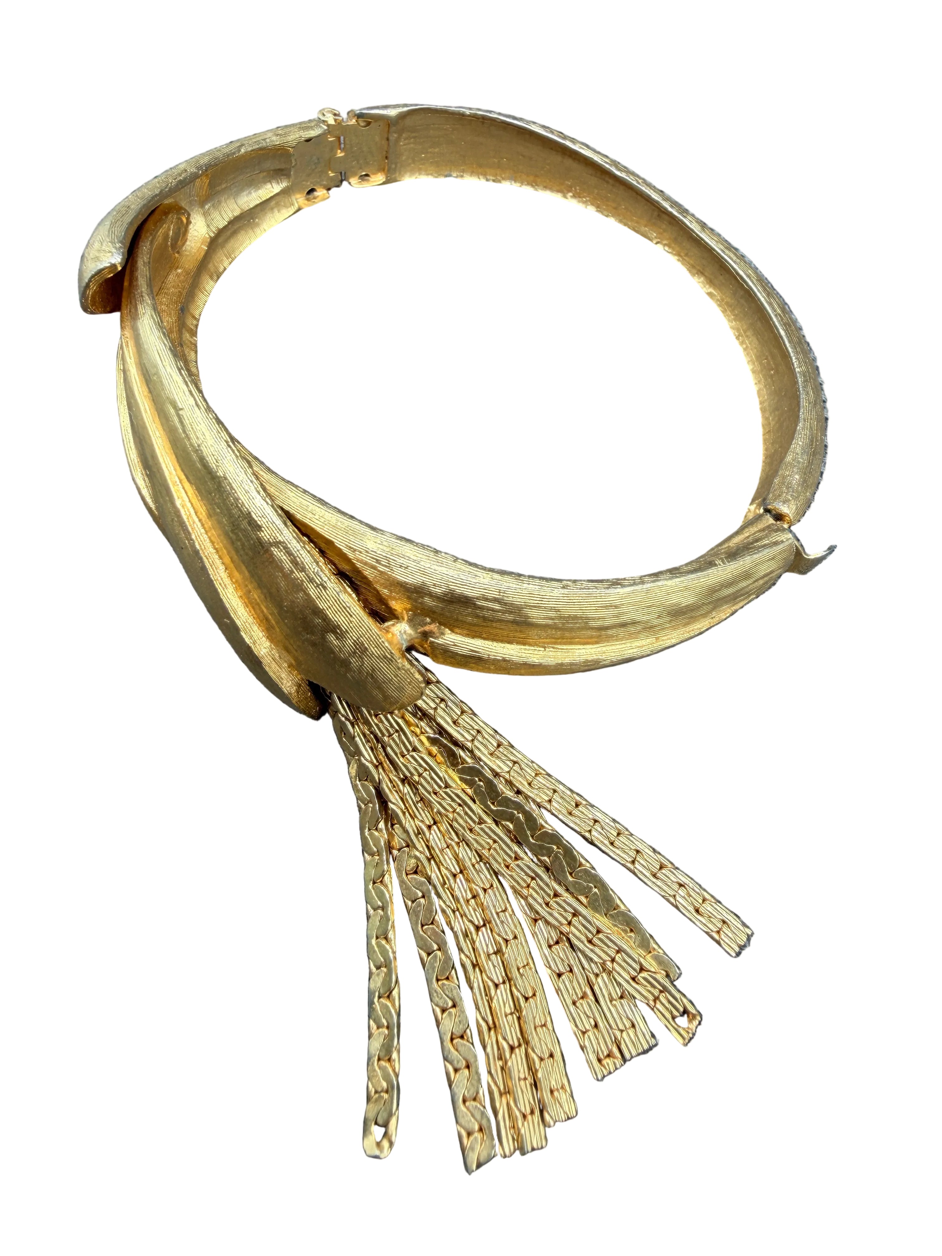 1950s Trifari Etched Hinged Leaf Bracelet with Chain Fringe