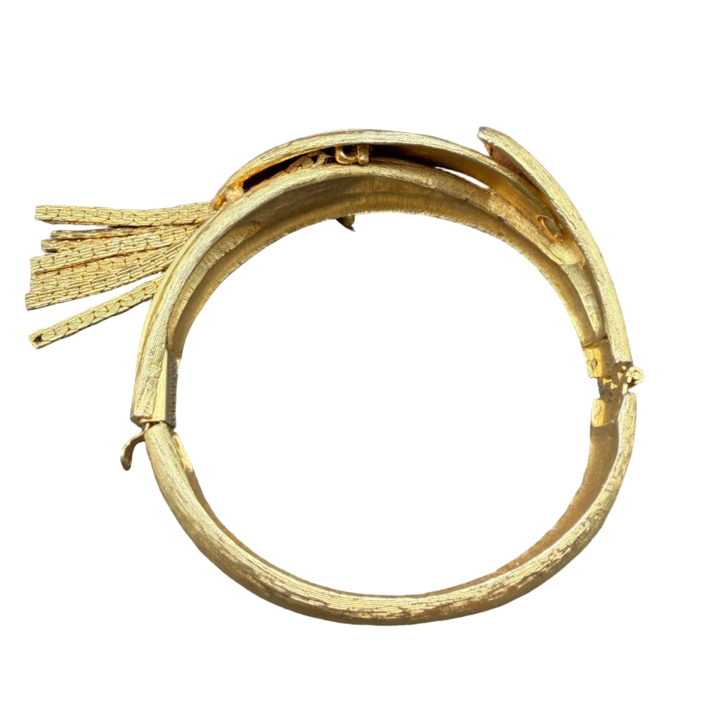 1950s Trifari Etched Hinged Leaf Bracelet with Chain Fringe