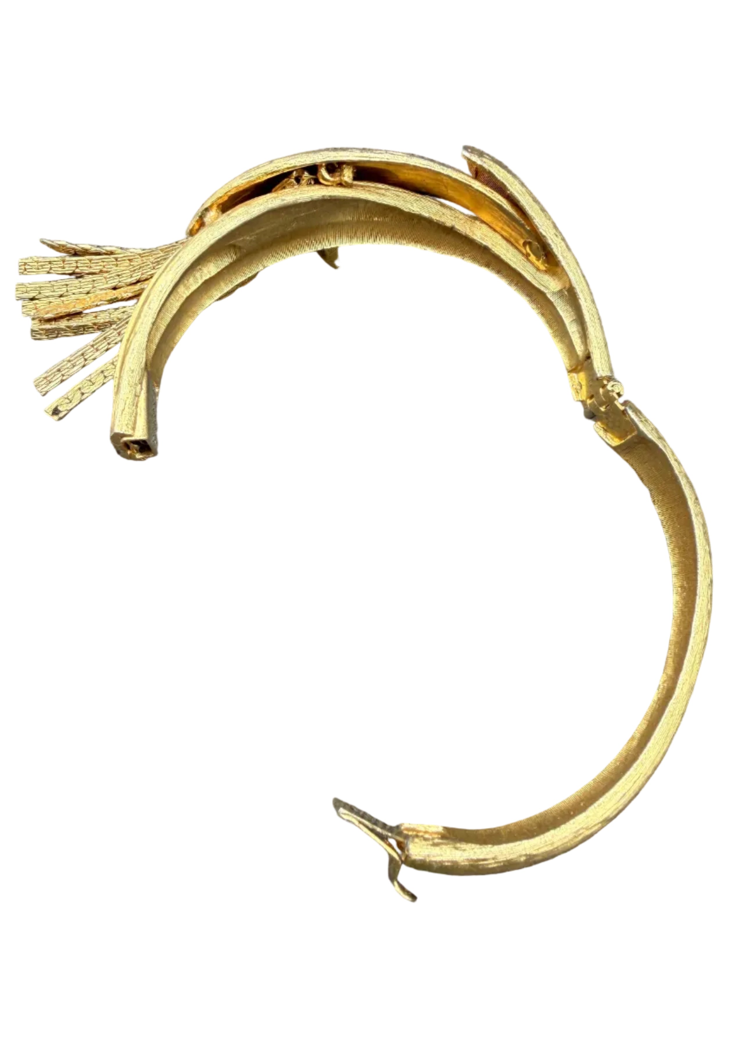 1950s Trifari Etched Hinged Leaf Bracelet with Chain Fringe