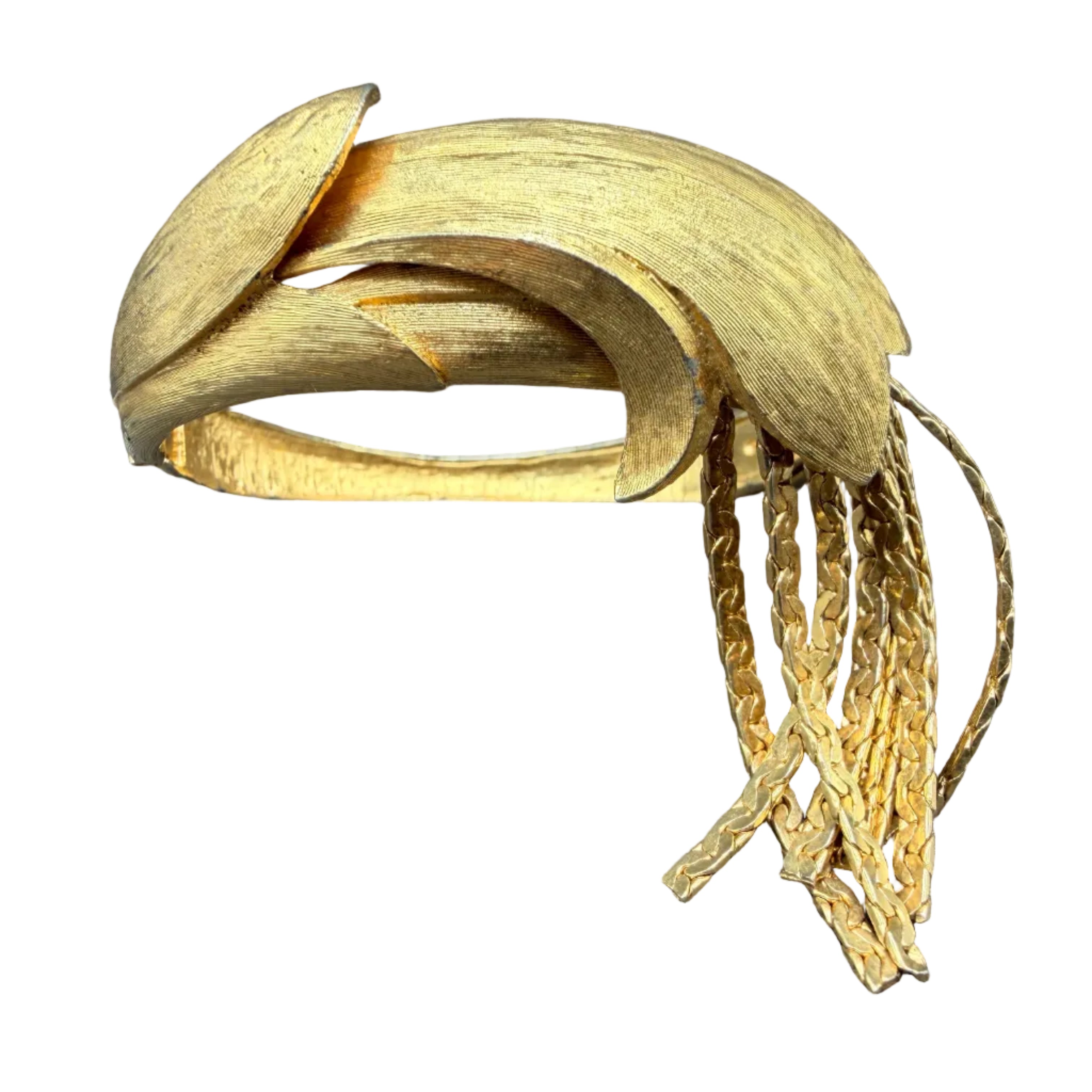 1950s Trifari Etched Hinged Leaf Bracelet with Chain Fringe