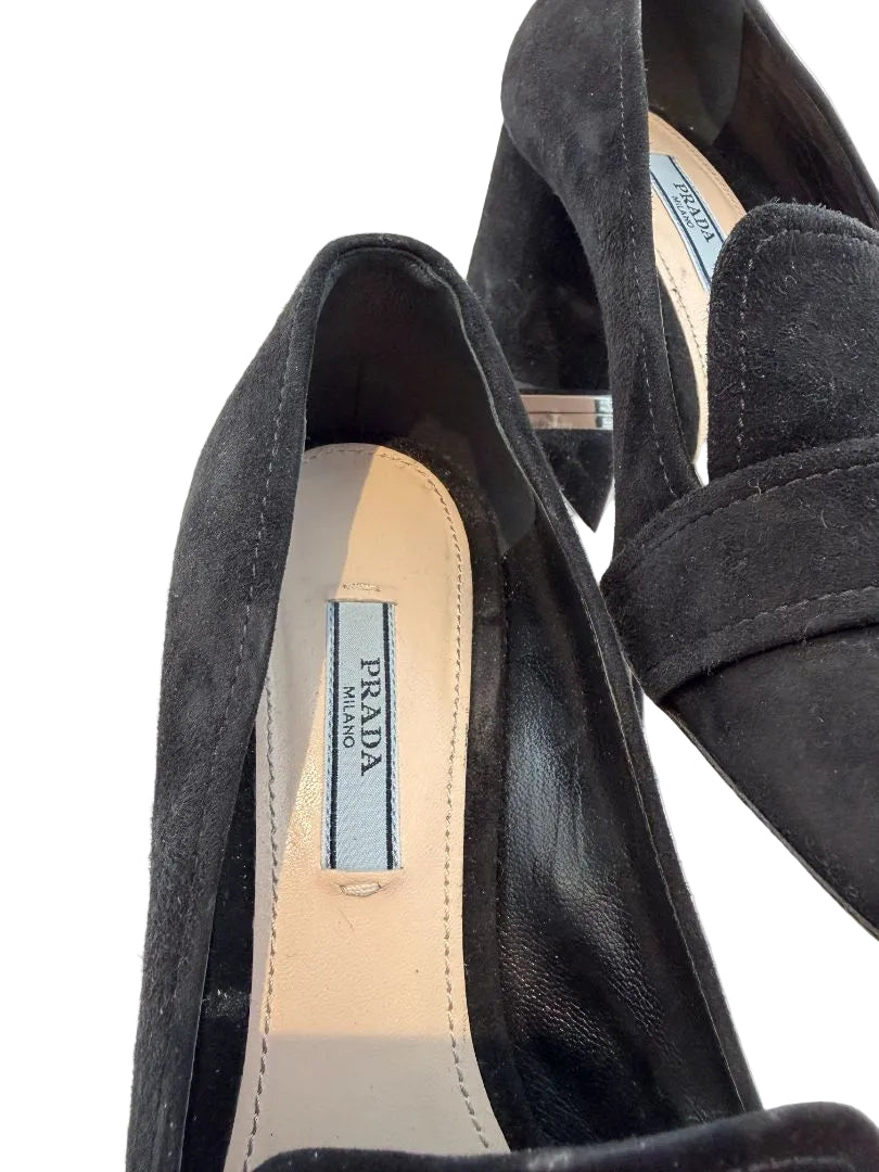 Prada Calzature Donna Black Suede Heeled Loafers with 3D Silver Flower
