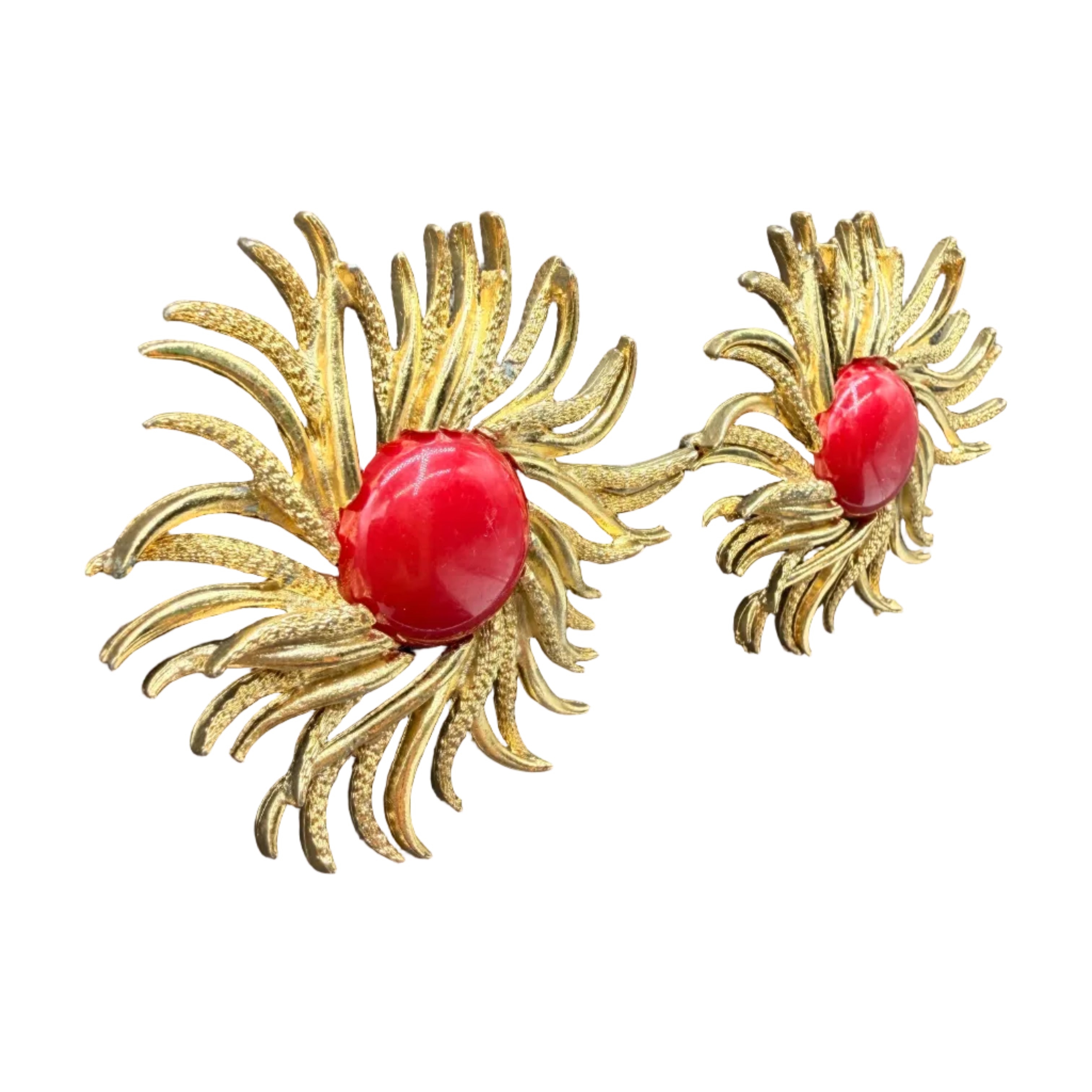 1980s Gold-Tone Statement Sunburst Clip Earrings with Red Acrylic Centers