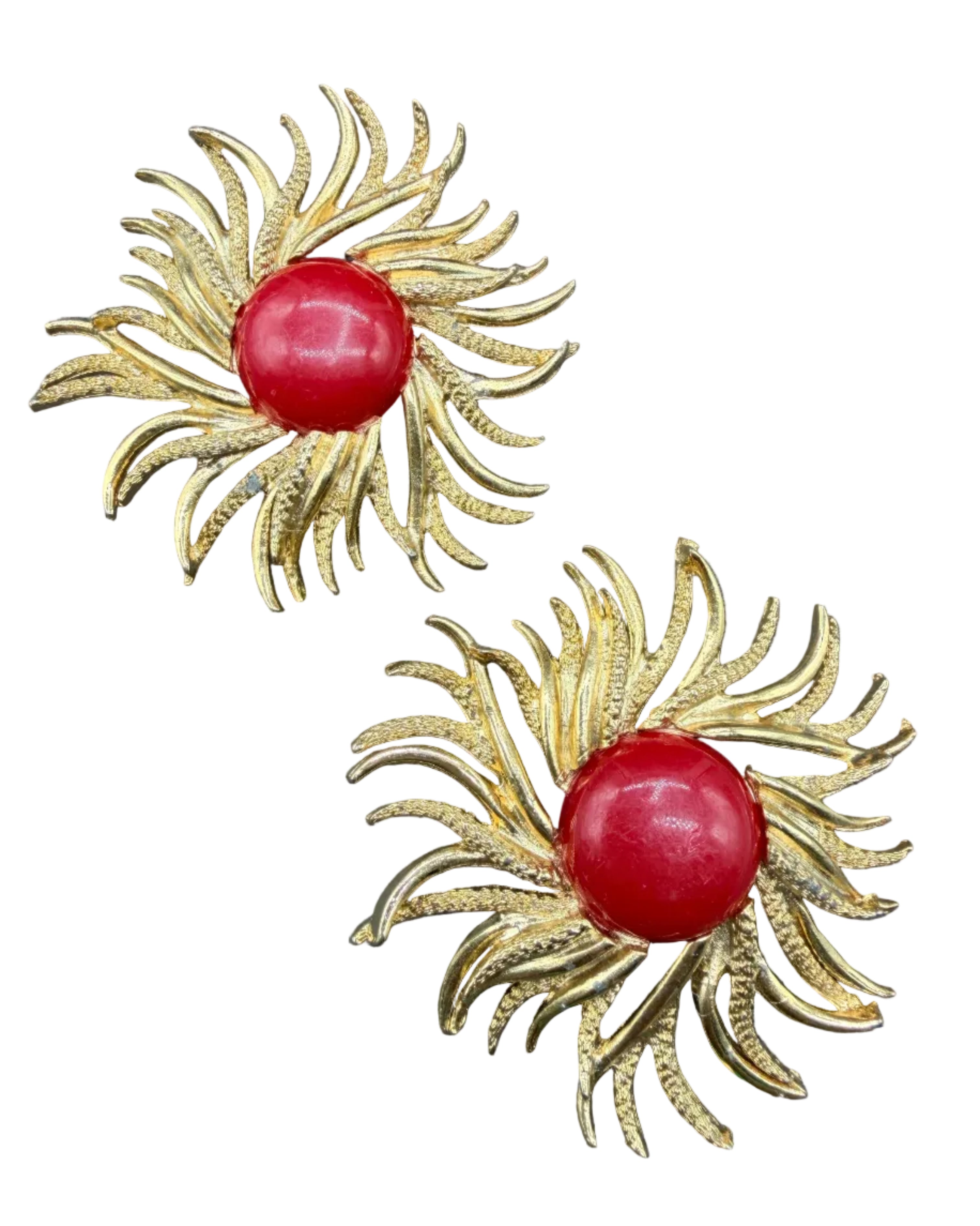 1980s Gold-Tone Statement Sunburst Clip Earrings with Red Acrylic Centers