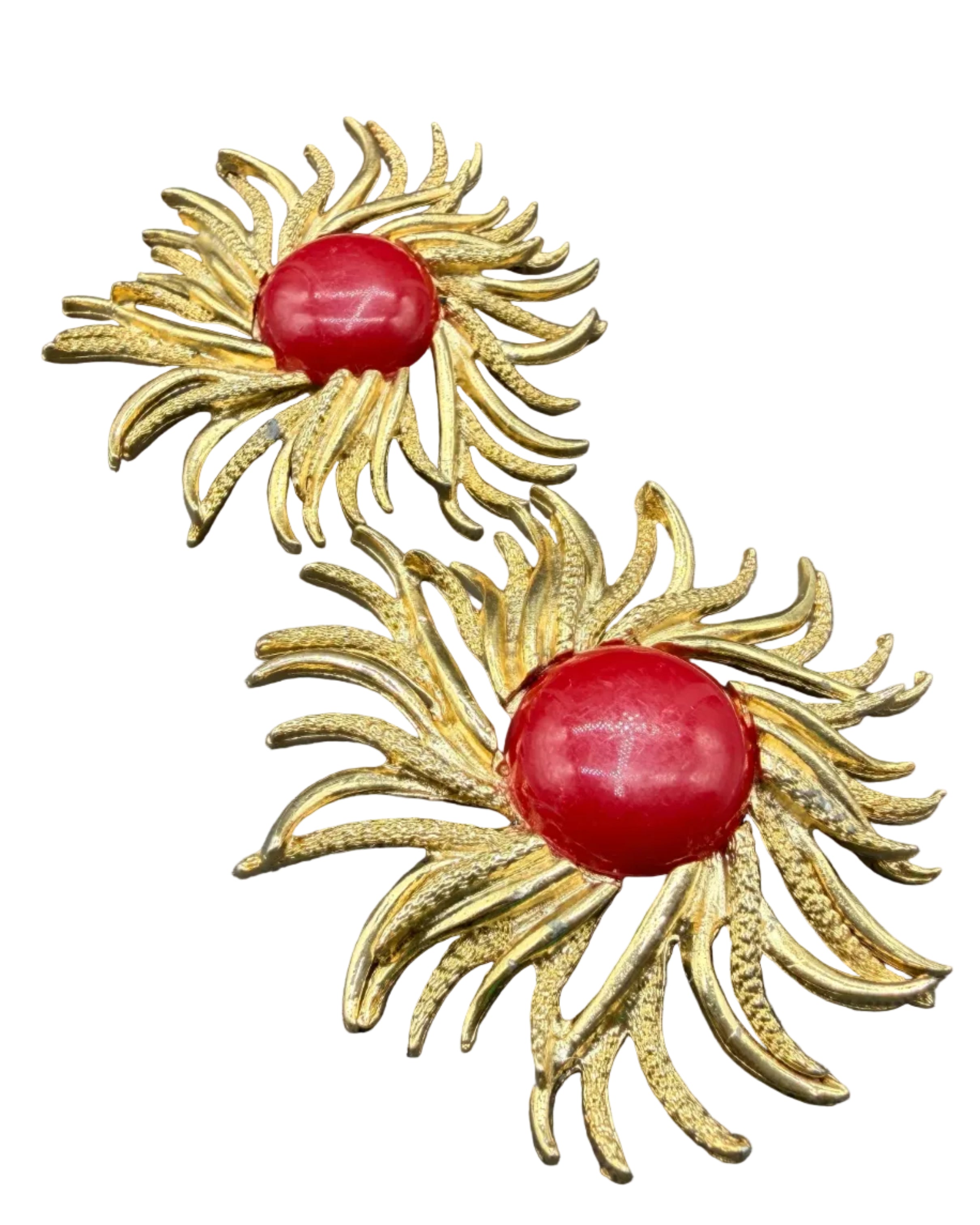 1980s Gold-Tone Statement Sunburst Clip Earrings with Red Acrylic Centers