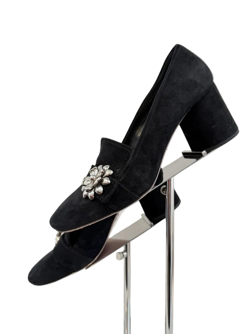 Prada Calzature Donna Black Suede Heeled Loafers with 3D Silver Flower