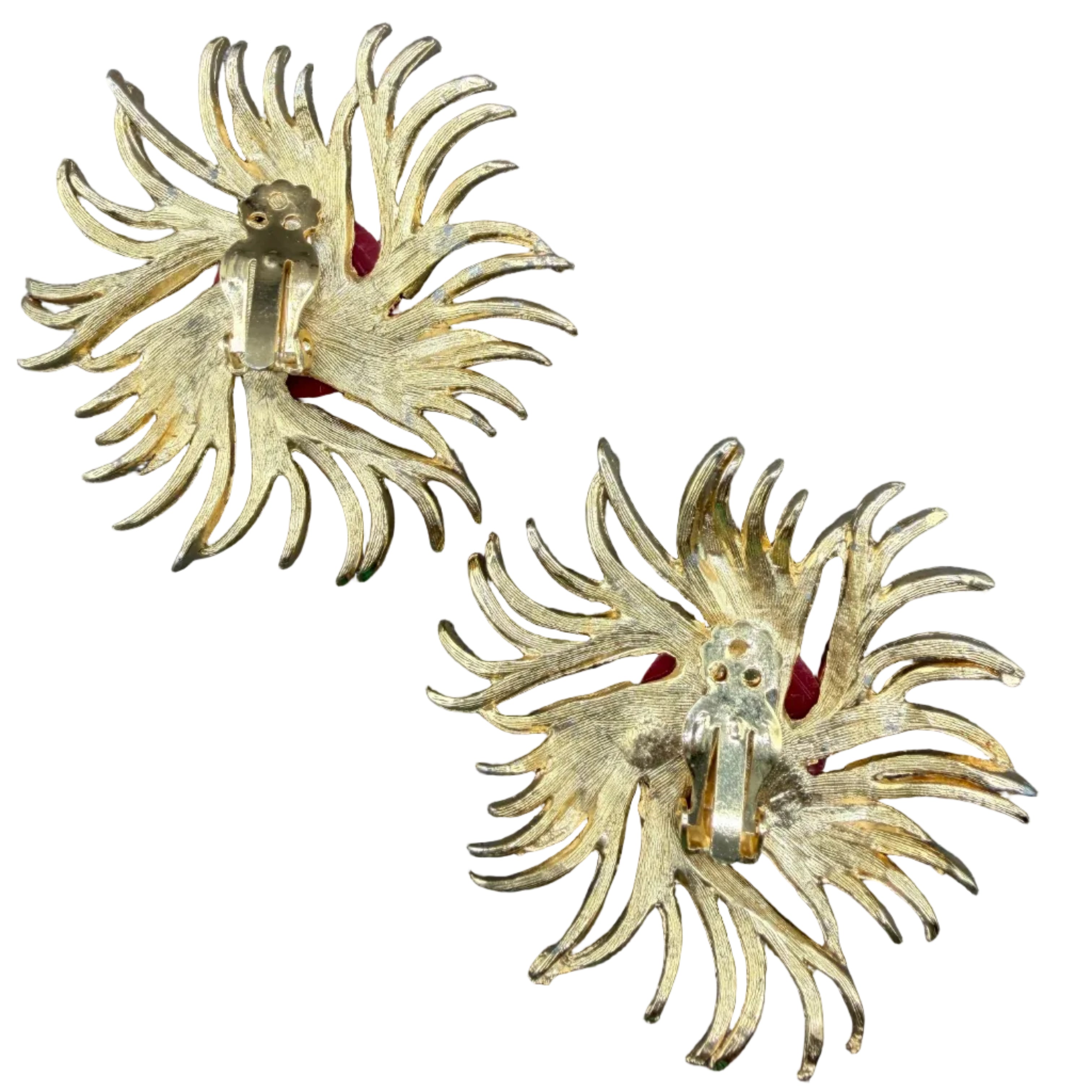 1980s Gold-Tone Statement Sunburst Clip Earrings with Red Acrylic Centers