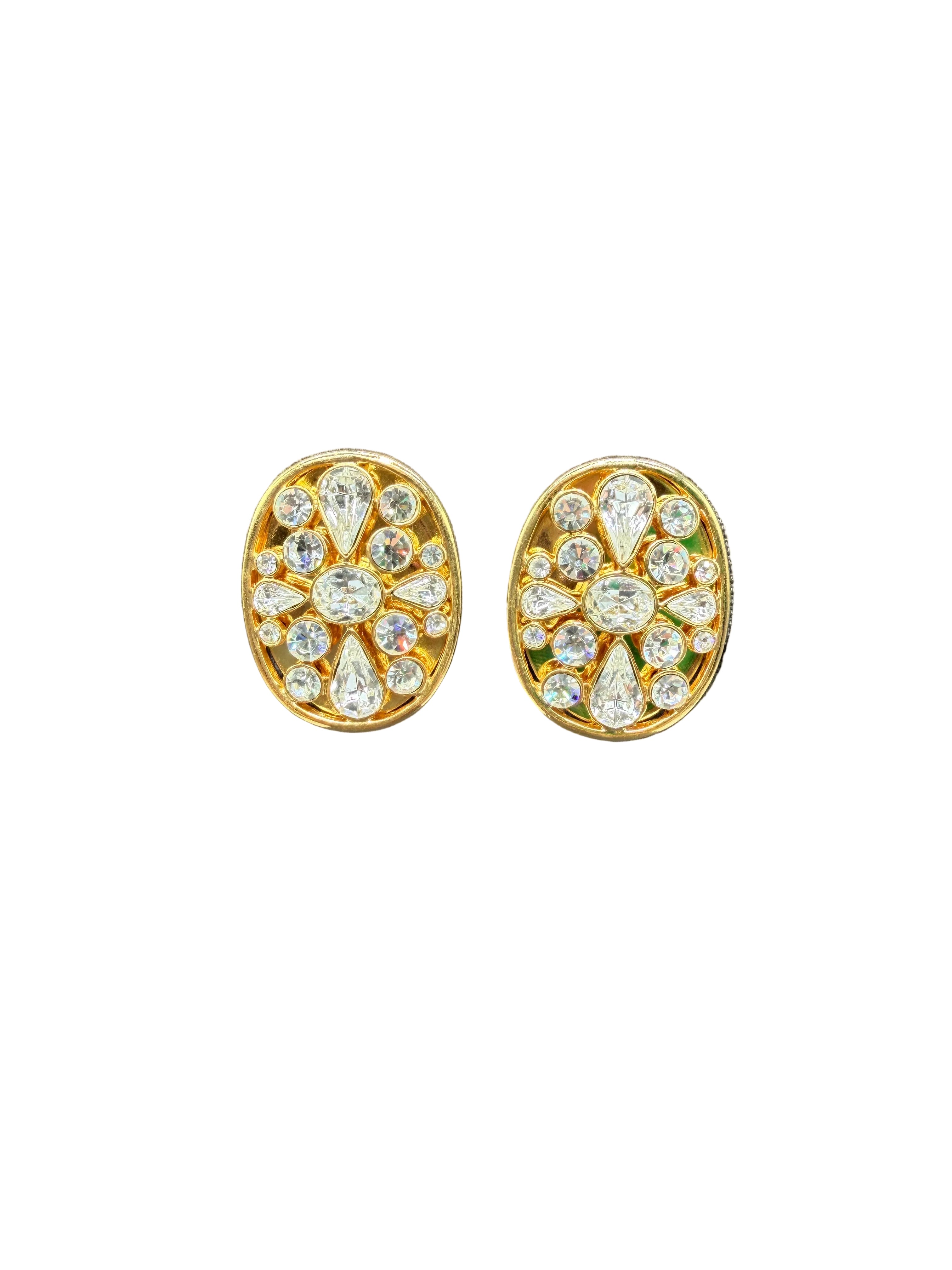1980s Gold-Tone Statement Oval Clip Earrings with Multi-Shaped Clear Rhinestones