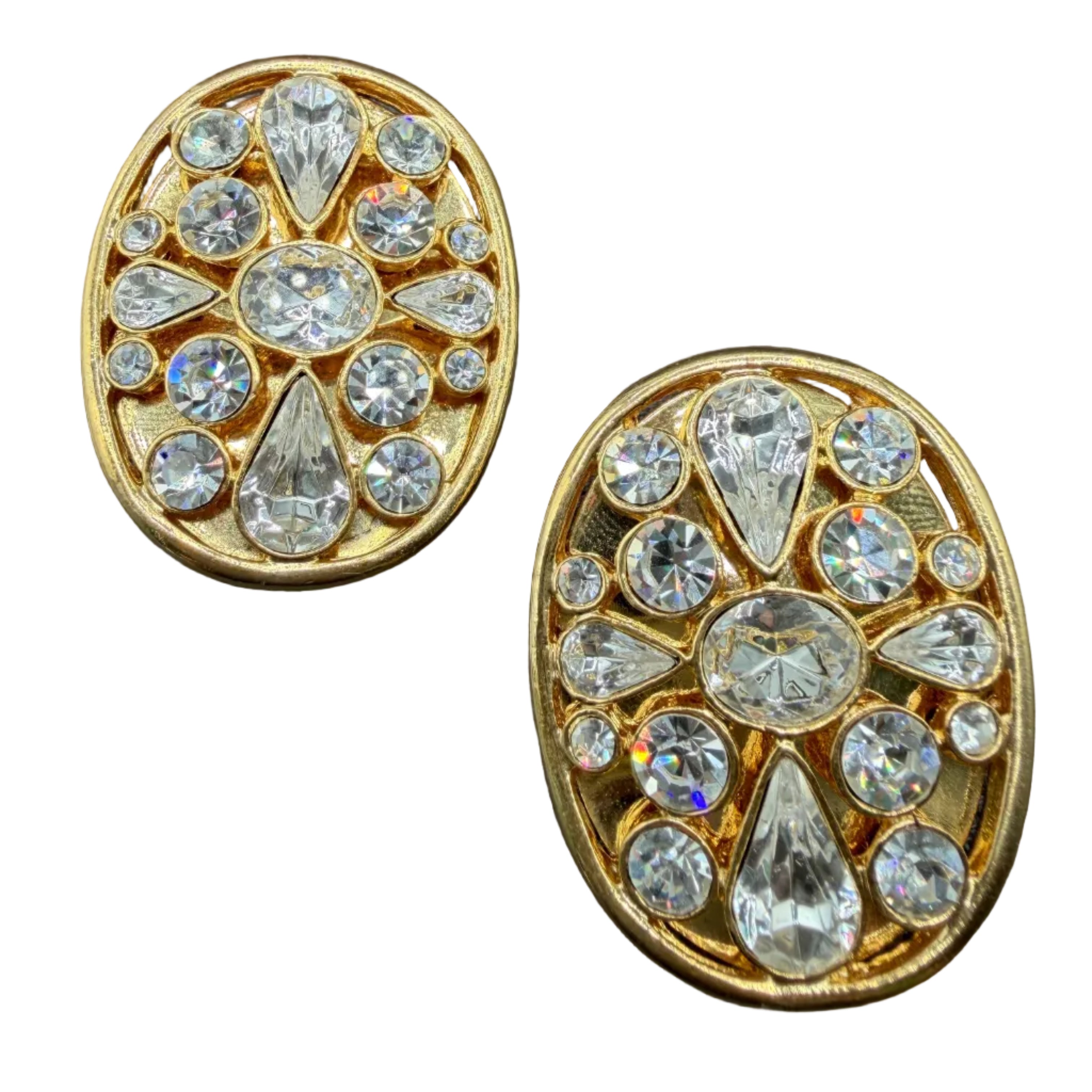 1980s Gold-Tone Statement Oval Clip Earrings with Multi-Shaped Clear Rhinestones