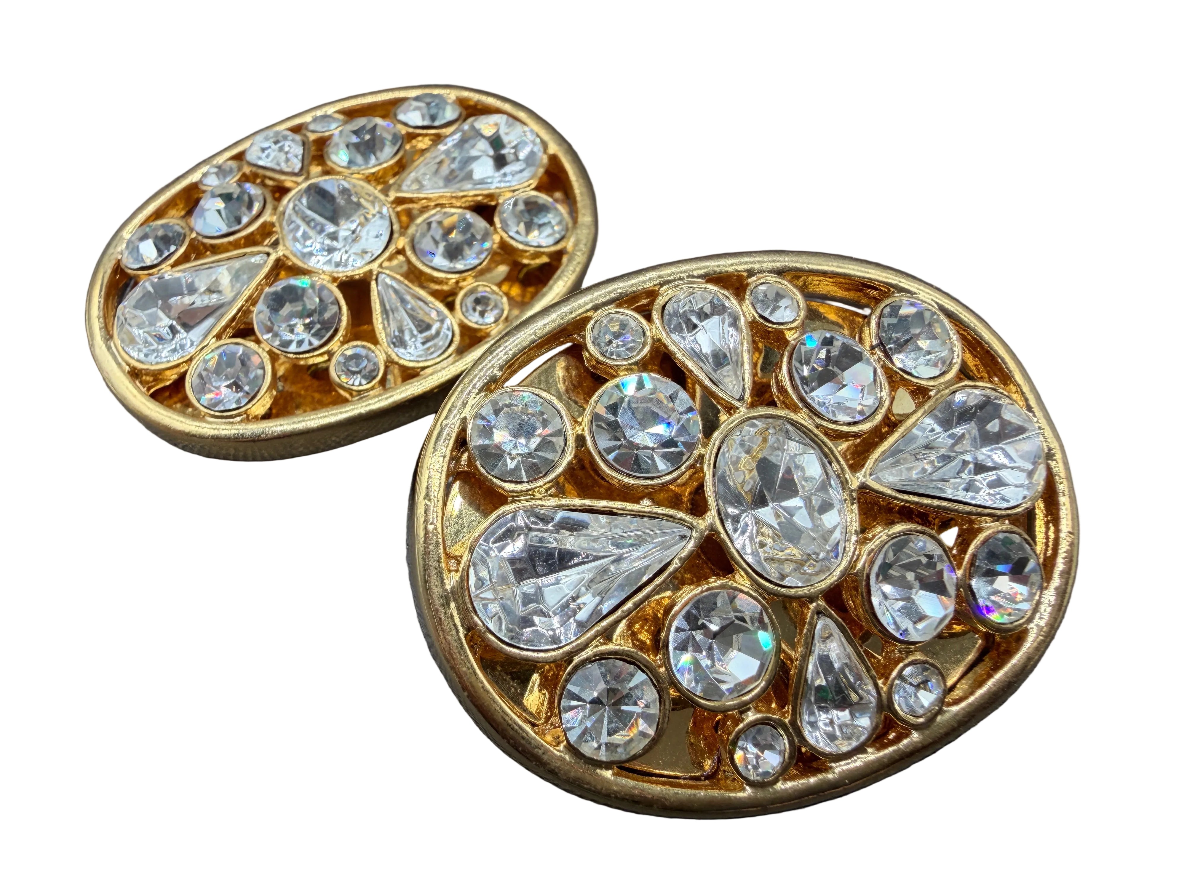 1980s Gold-Tone Statement Oval Clip Earrings with Multi-Shaped Clear Rhinestones