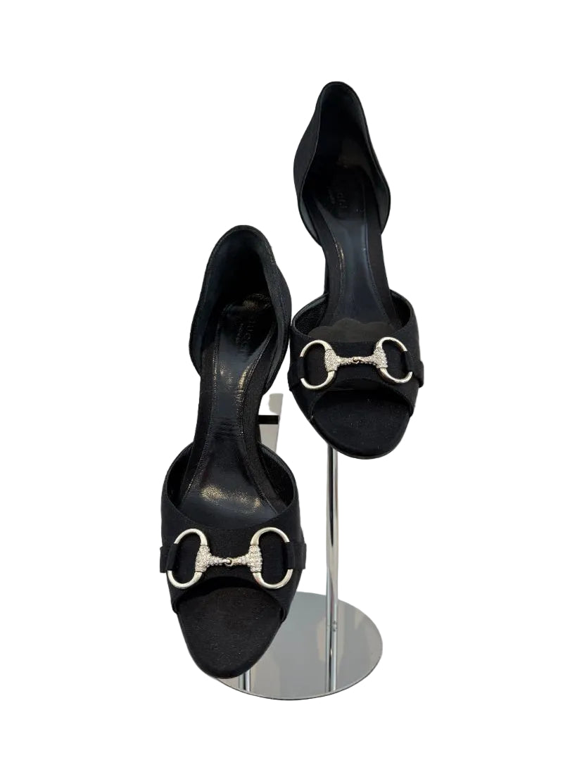 Gucci black satin peep toe D'Orsay evening heels with crystal horse bit detail